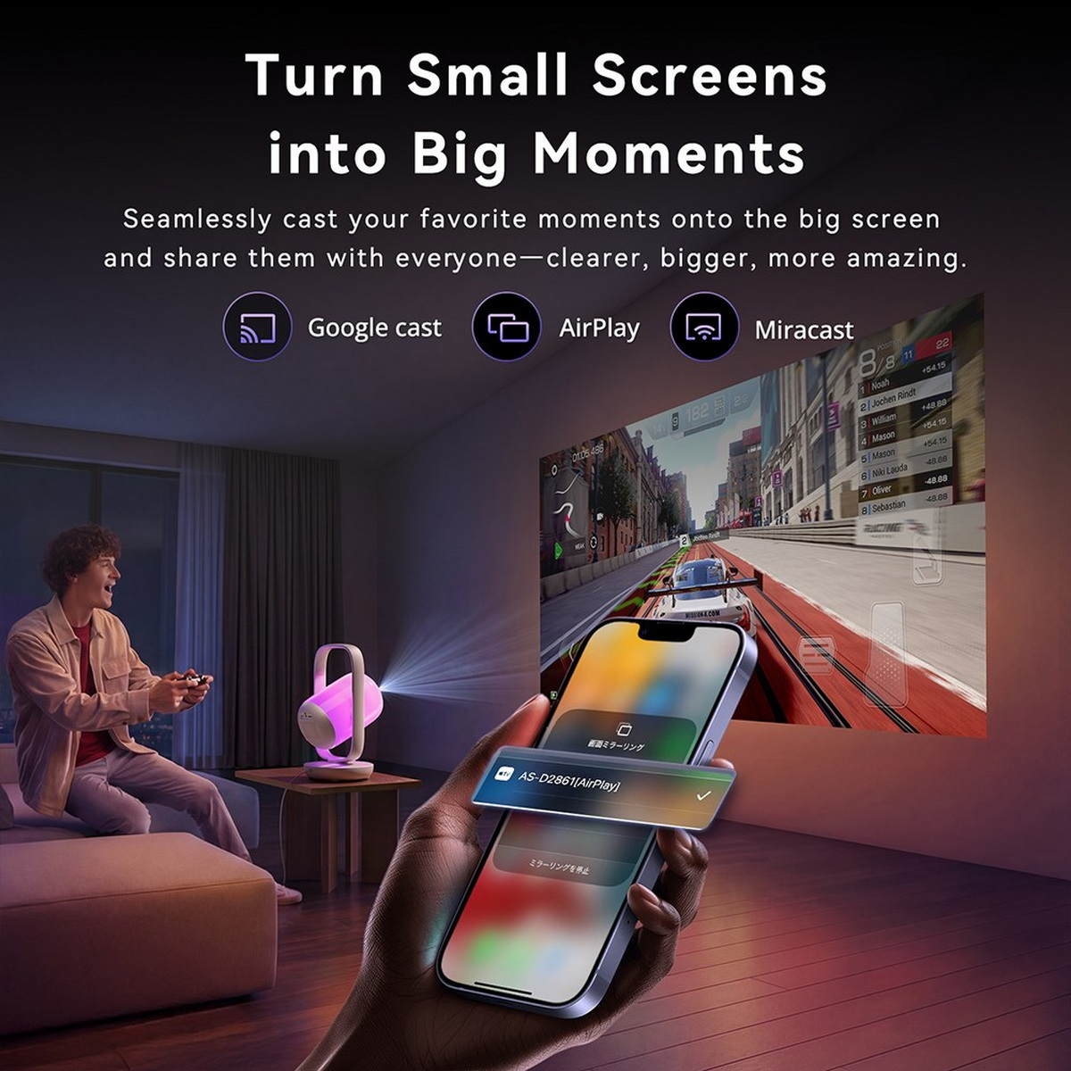 Ein Mann spielt Videospiele, während sein Smartphone den Bildschirm auf eine Wand projiziert.