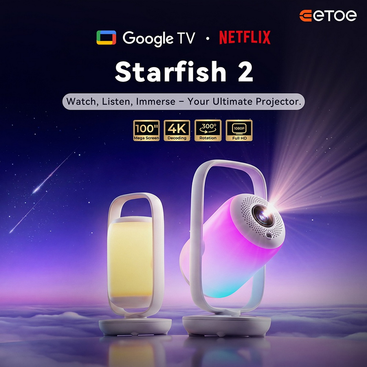 Eetoe Starfish 2 tragbarer Projektor mit Funktionen vor sternenklarem Nachthintergrund.