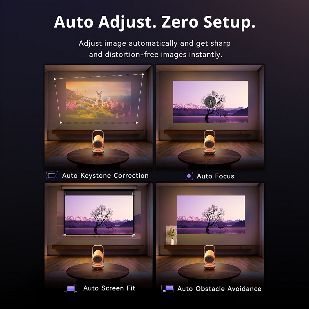 Projektor auf einem Tisch zeigt vier automatische Funktionen: Keystone, Fokus, Screen Fit und Hinderniserkennung.