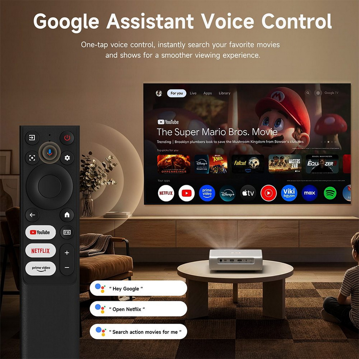 Fernbedienung und Projektor für Google Assistant-Sprachsteuerung.