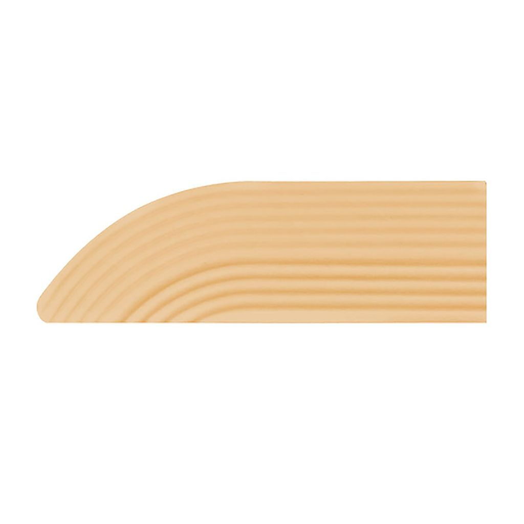 Ein gerilltes, beiges Holzelement mit abgerundeter Ecke vor weißem Hintergrund.