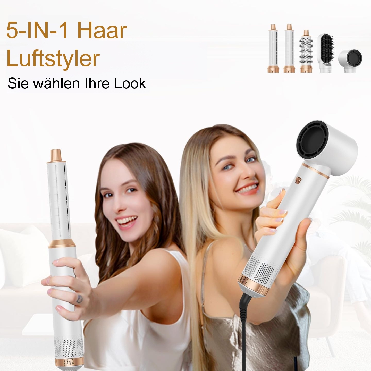 Zwei Frauen präsentieren einen weißen und goldenen 5-in-1-Haarluftstyler vor einer hellen Kulisse.