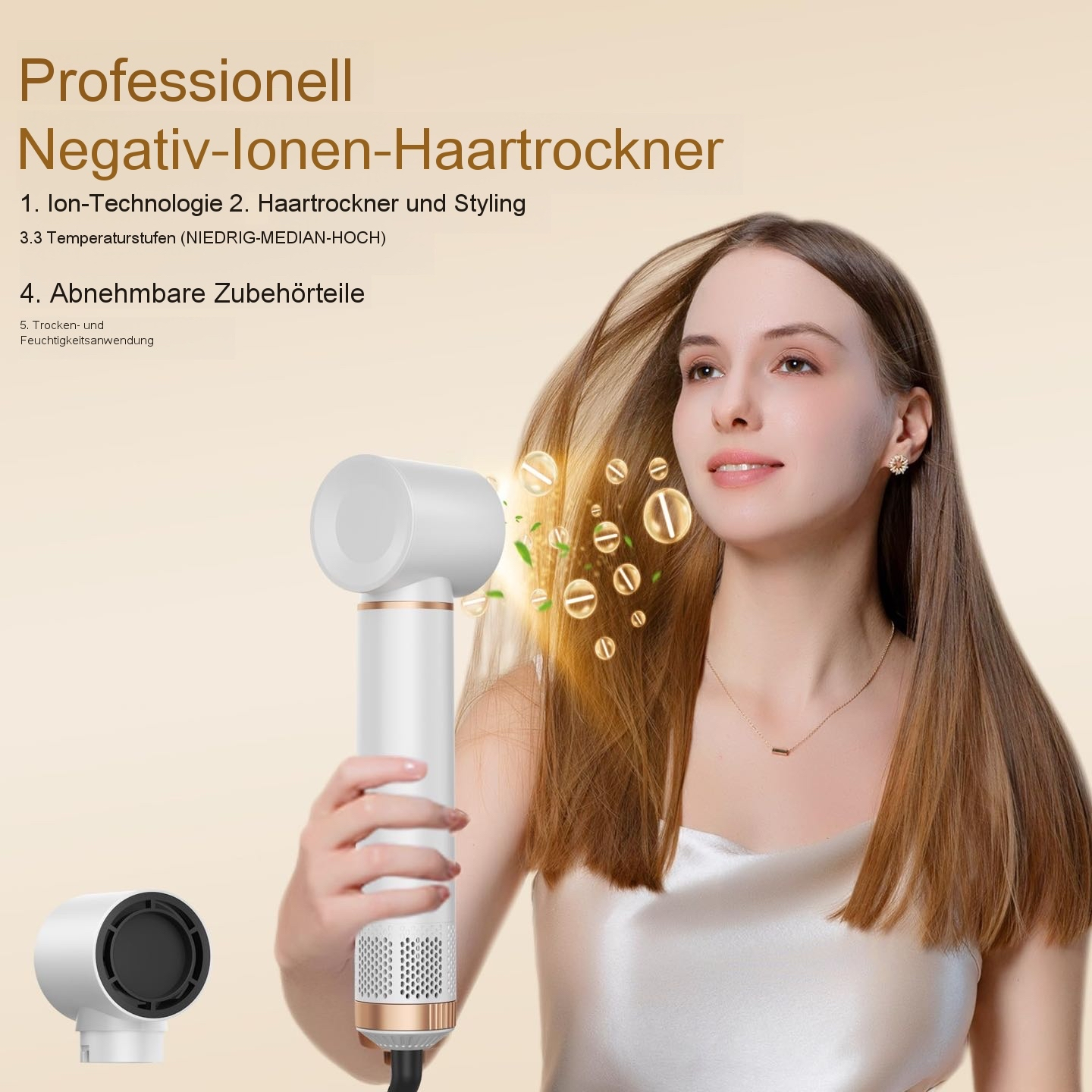 Eine Frau hält einen modernen weißen Haartrockner, um ihr langes Haar zu trocknen, mit Werbetexten im Hintergrund.