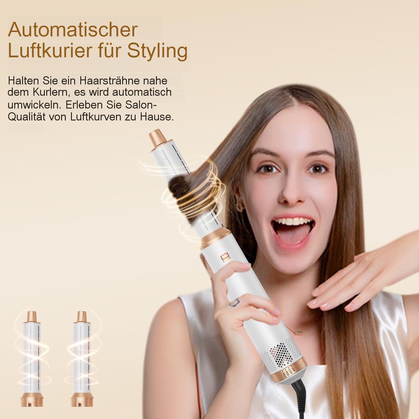 Eine Frau nutzt einen weißen automatischen Lockenstab, um Haare zu stylen.