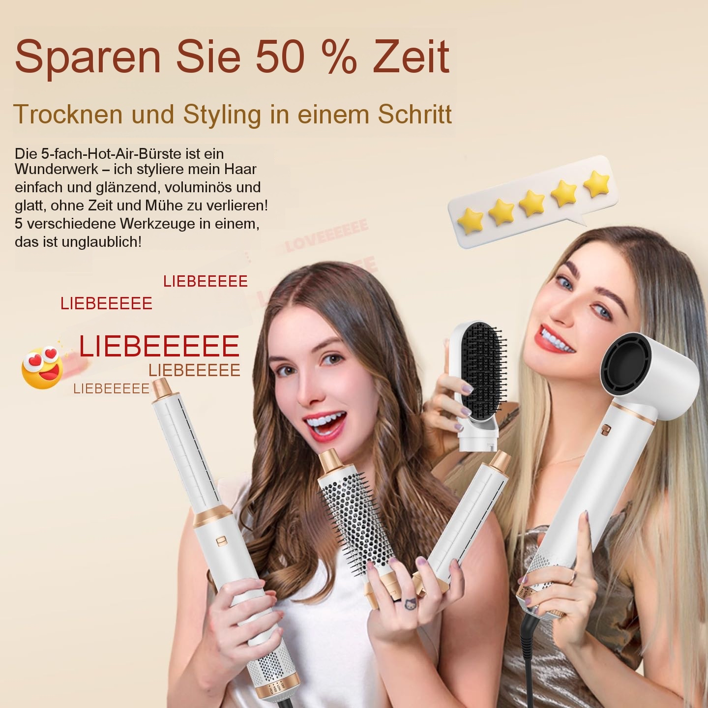Zwei Frauen präsentieren eine weiße und goldene Heißluftbürste mit verschiedenen Aufsätzen und deutschem Werbetext.