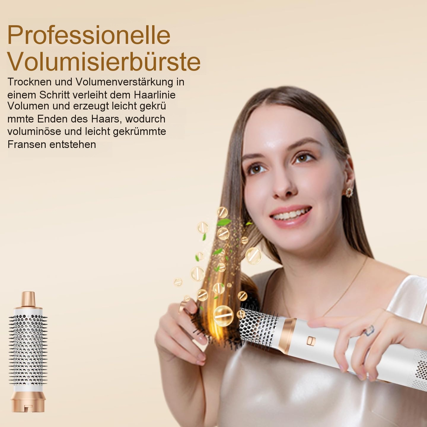 Frau nutzt eine weiße und goldene Volumenbürste für ihr Haar, begleitet von deutschem Werbetext.