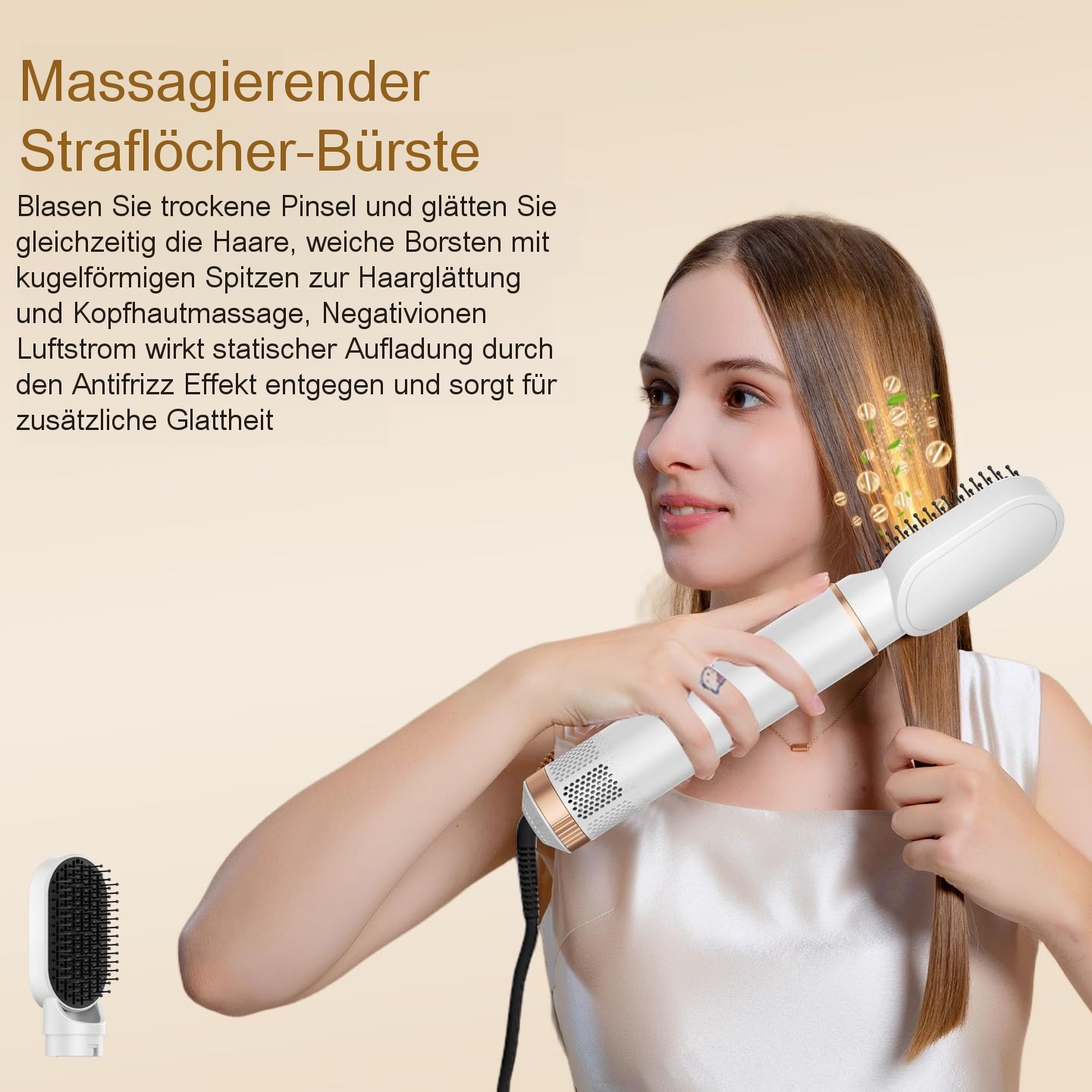 Eine Frau glättet ihr Haar mit einer weißen Warmluftbürste, mit erklärendem Text und Inset der Bürste.