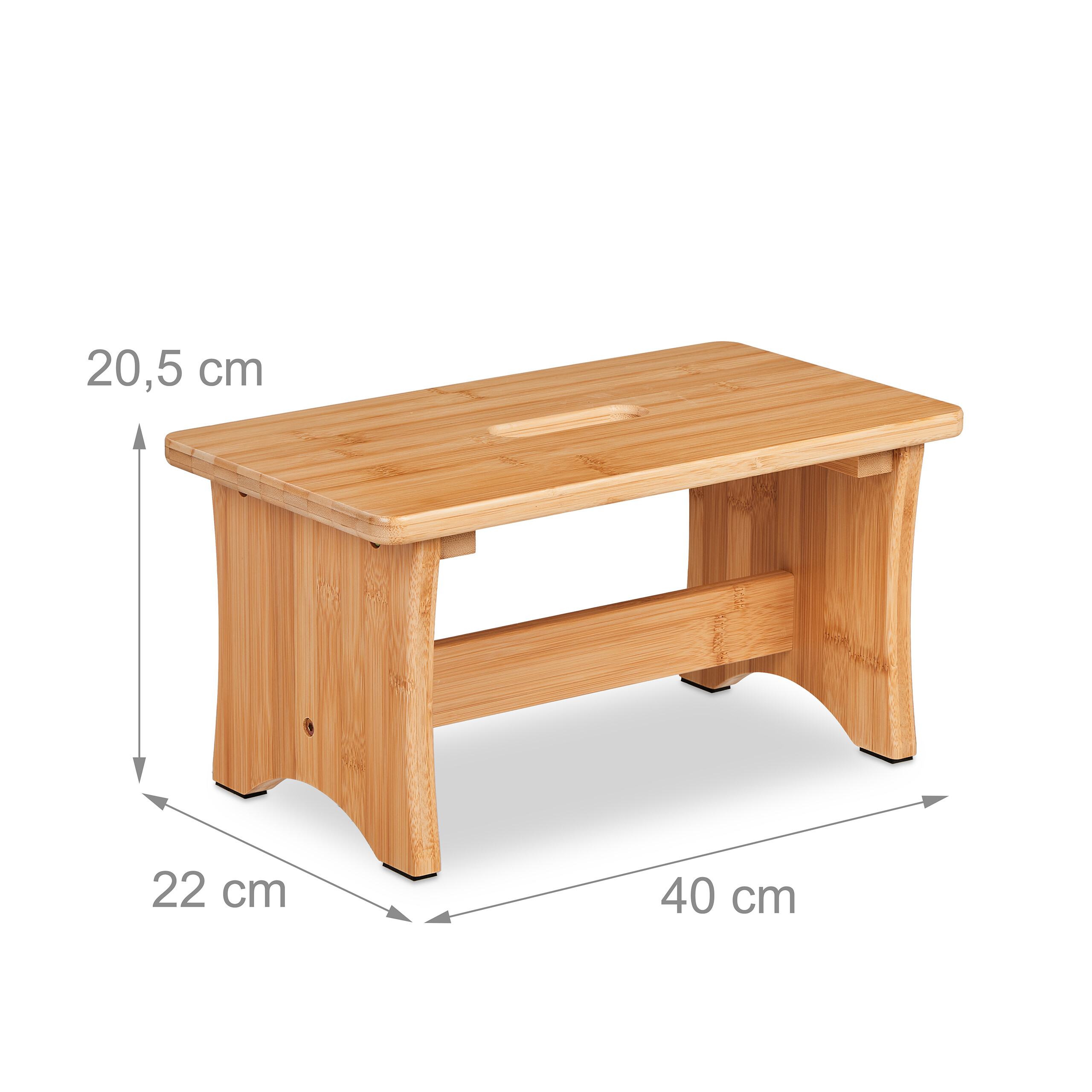 Kleiner Holzschemel aus Bambus mit Maßangaben: 40 cm lang, 22 cm tief und 20,5 cm hoch.