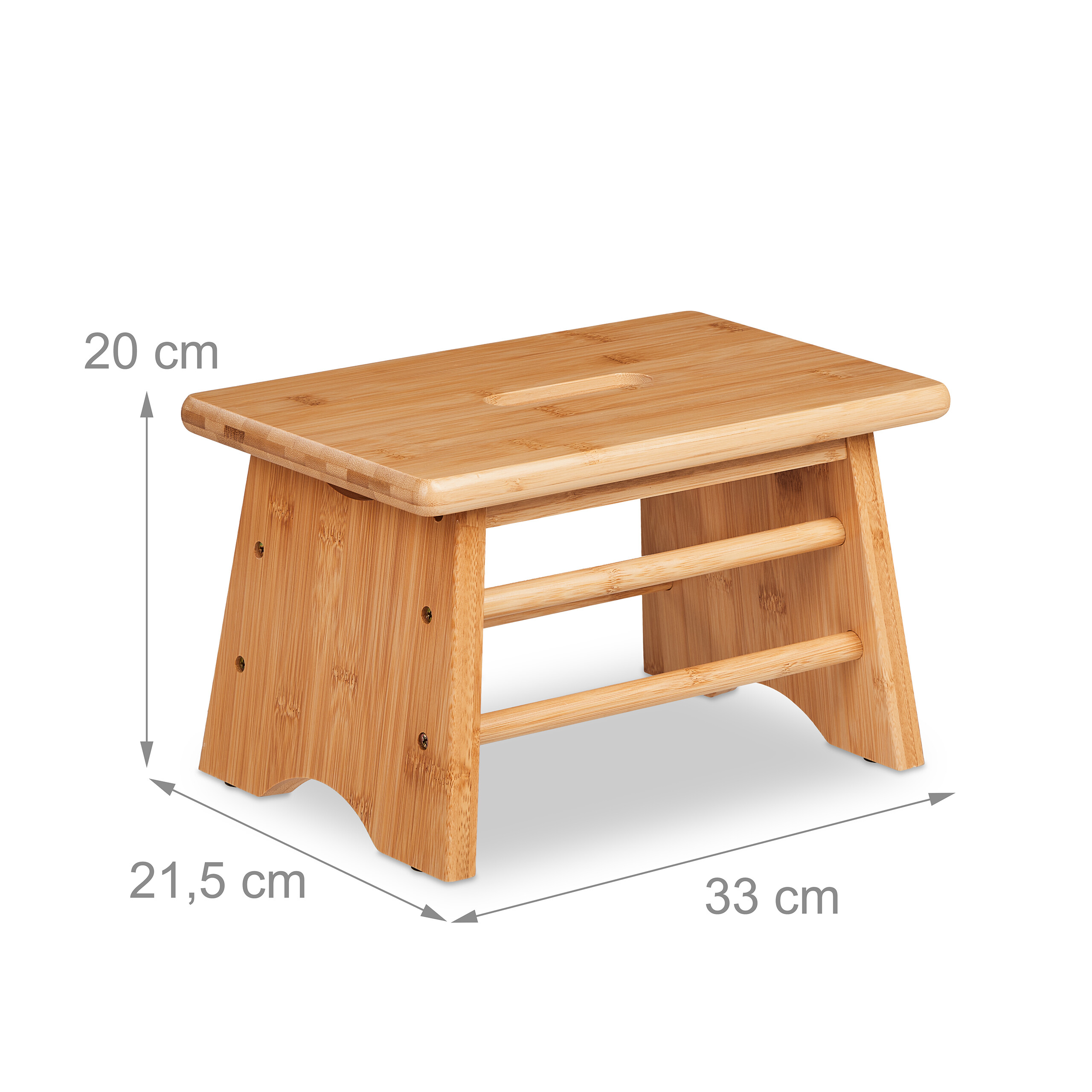 Kleiner Holzschemel mit Maßen von 33 cm Länge, 21,5 cm Breite und 20 cm Höhe auf weißem Hintergrund.