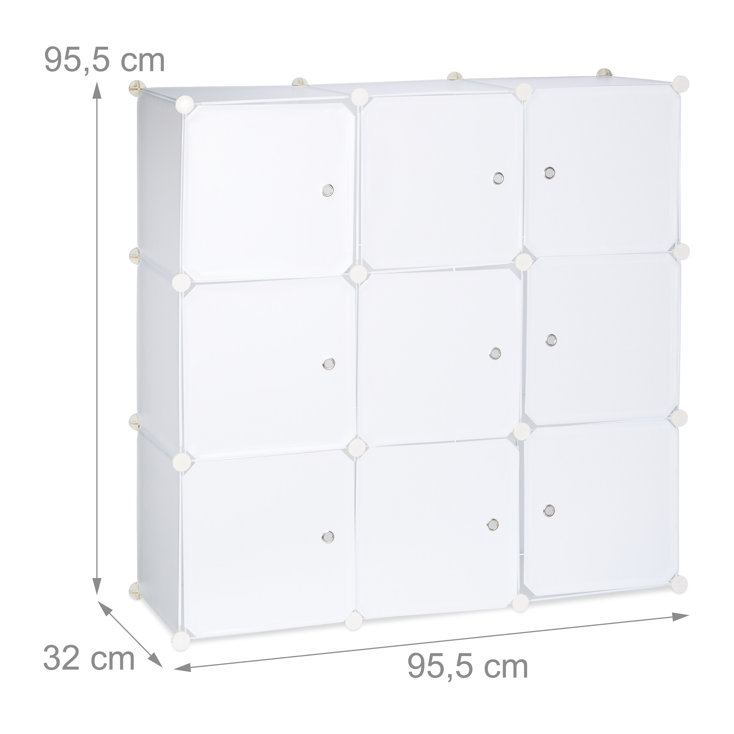 Ein weißer 9-Würfel-Regalorganizer mit Türen und Maßen von 95,5x95,5x32 cm.