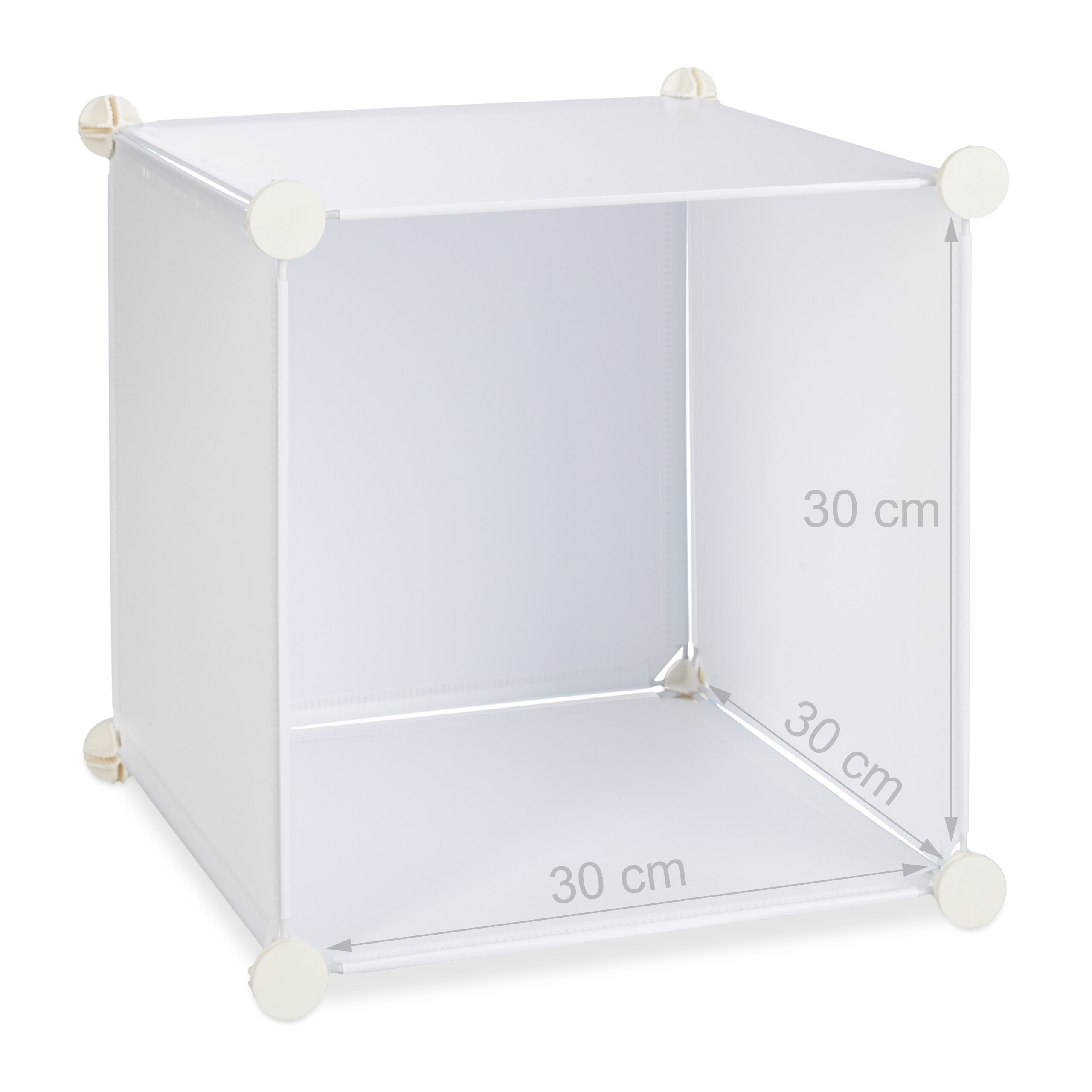 Ein weißer modulare Aufbewahrungswürfel mit 30x30x30 cm auf weißem Hintergrund.