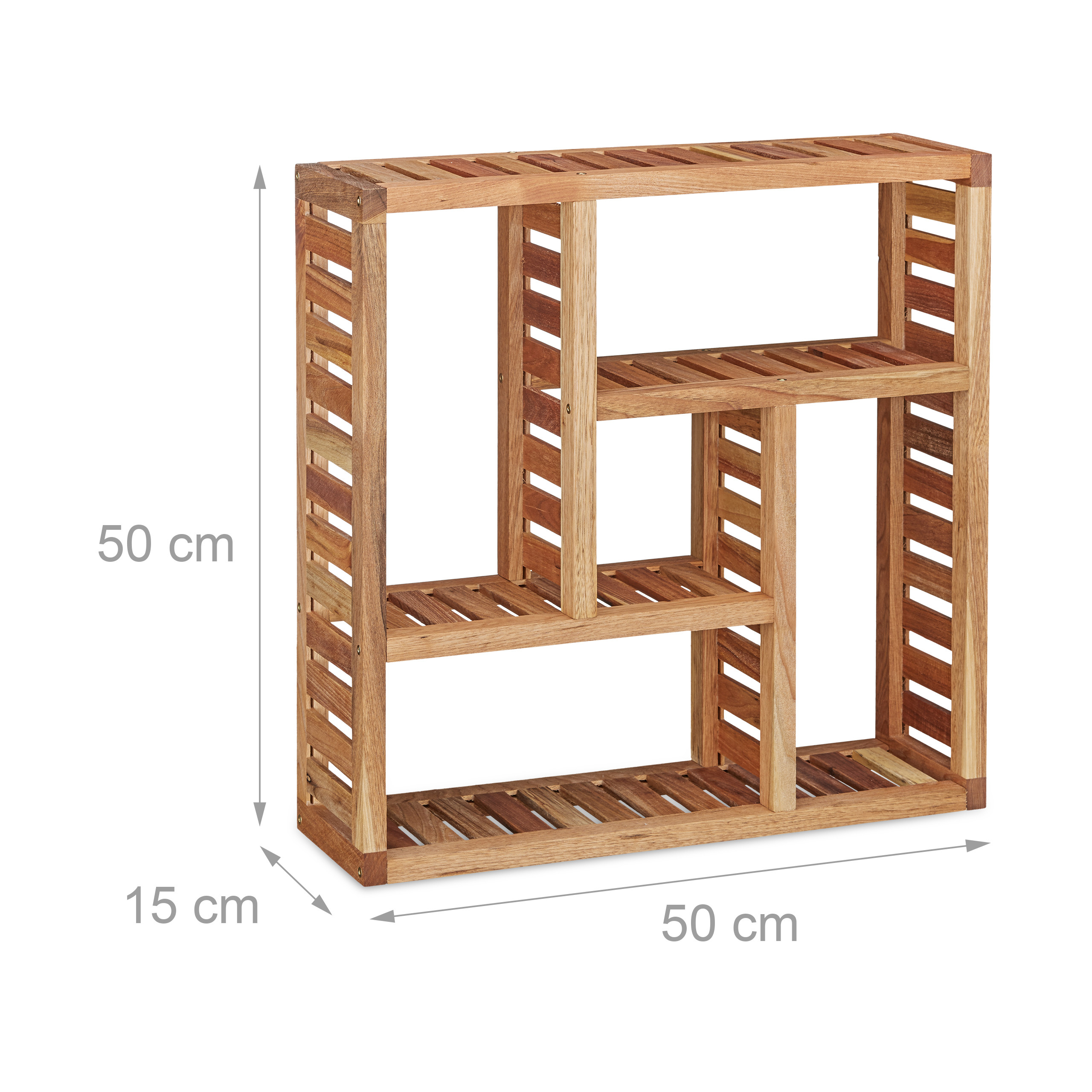 Ein hölzernes Wandregal mit Lattenrost-Design und Abmessungen von 50x50x15 cm vor weißem Hintergrund.