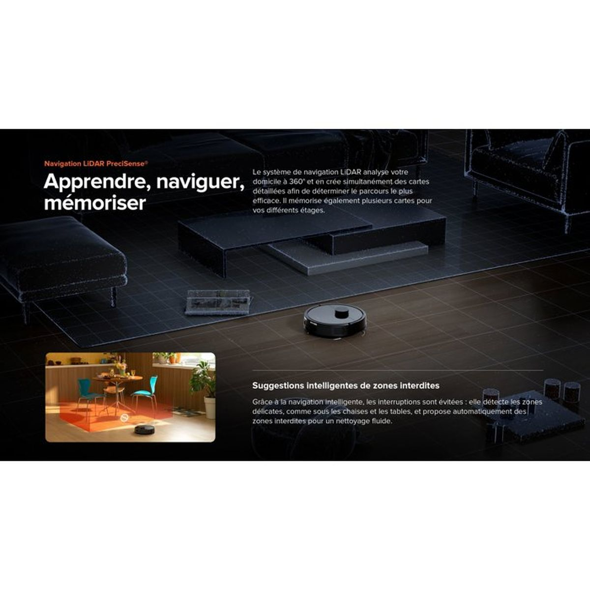 Un robot aspirapolvere LiDAR mappa un salotto in 3D, con testo in francese e un'immagine che mostra zone di esclusione.