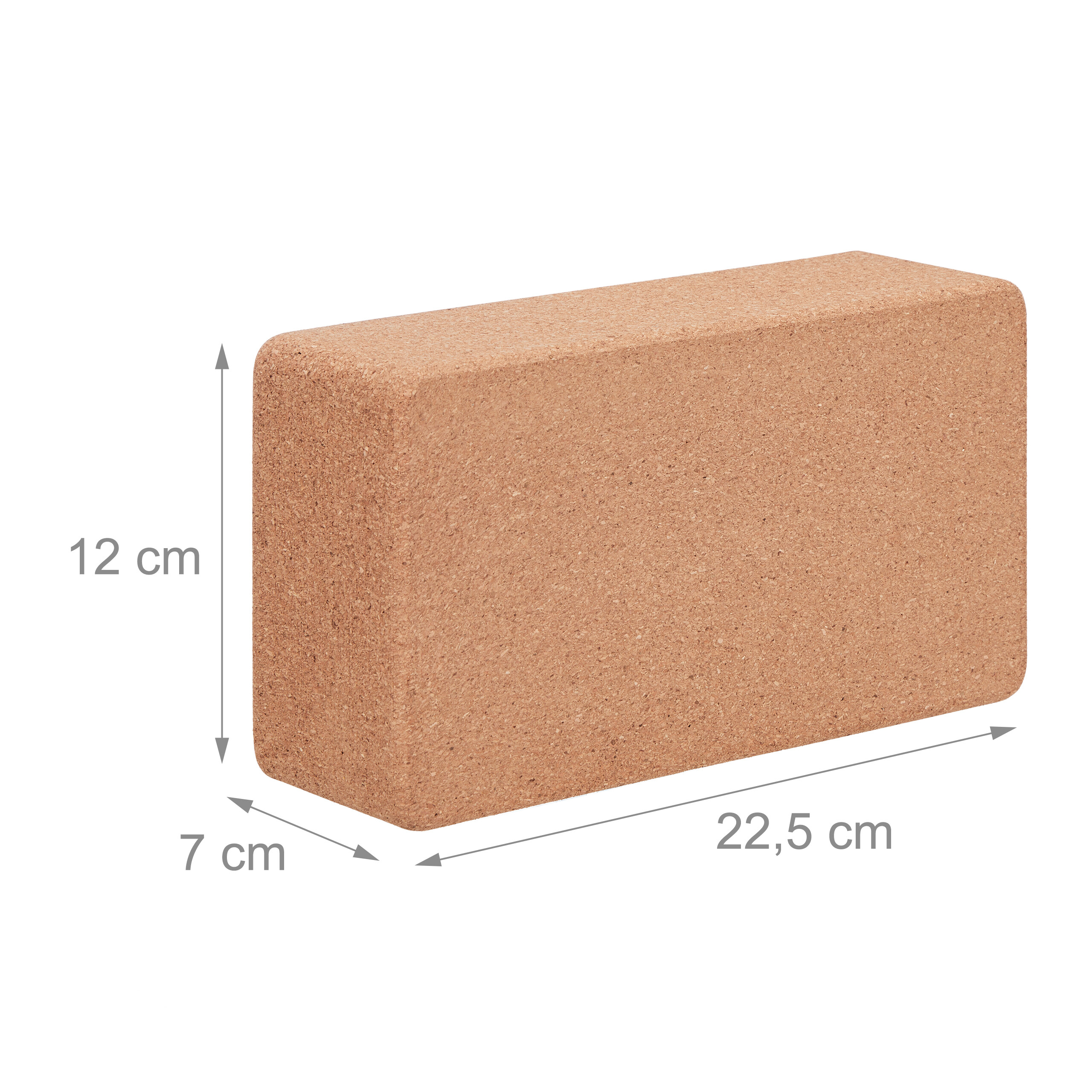 Ein rechteckiger, brauner Kork-Yogablock mit den Maßen 22,5 cm Länge, 12 cm Höhe und 7 cm Breite.