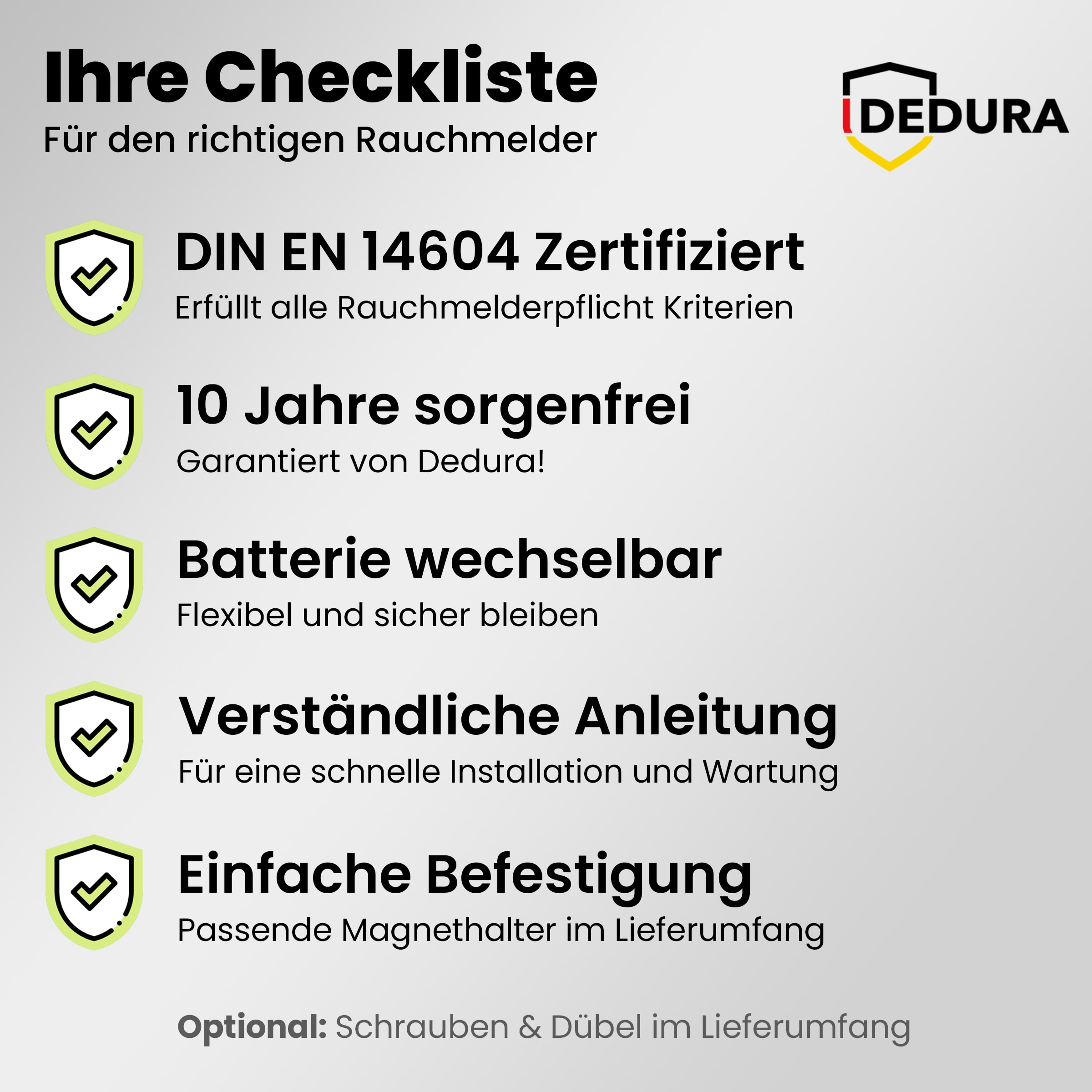 Grafik mit Rauchmelder-Checkliste, Zertifizierungshinweisen und Dedura-Logo auf grauem Hintergrund.