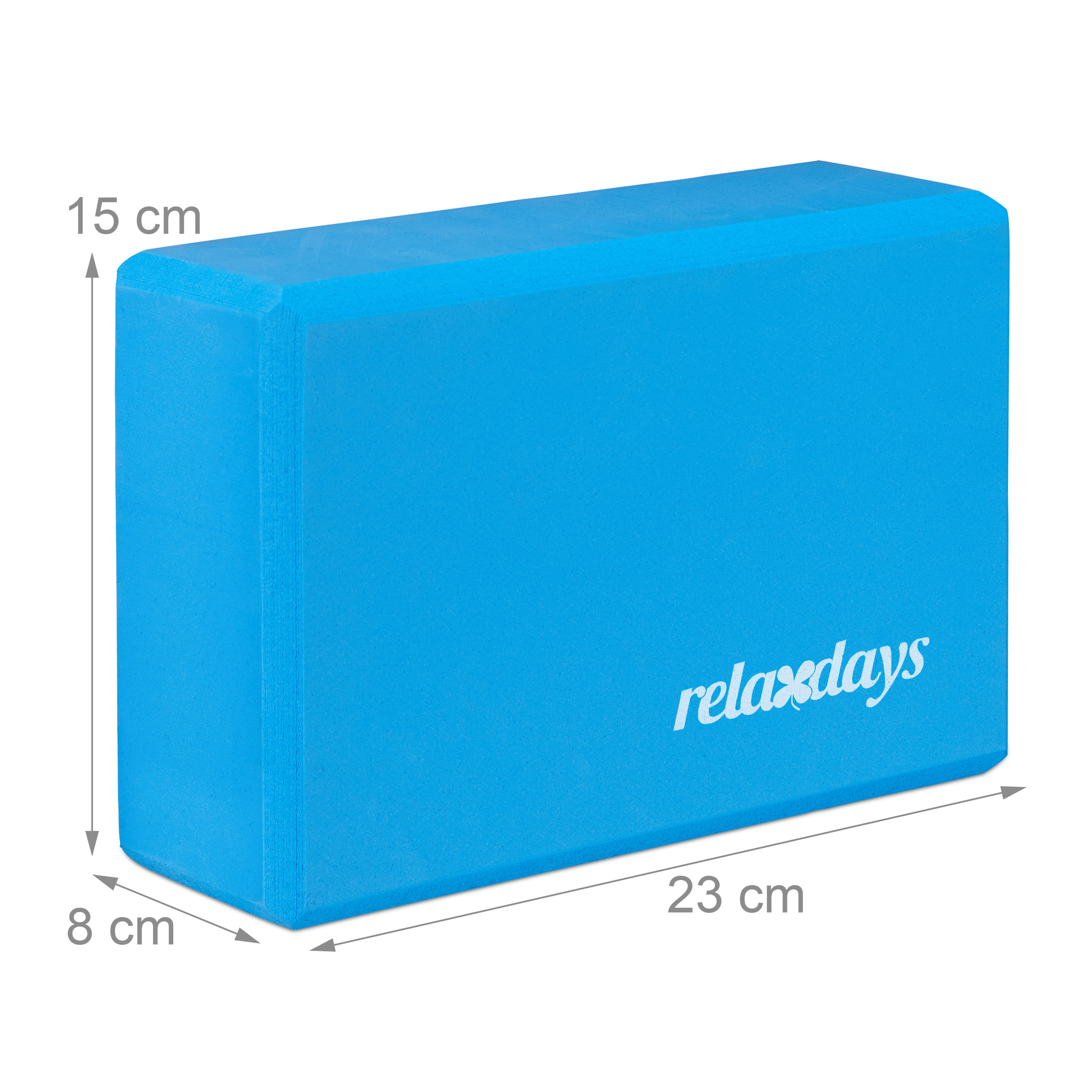 Ein blauer Yoga-Block mit den Maßen 23x15x8 cm und weißem Relaxdays-Logo.