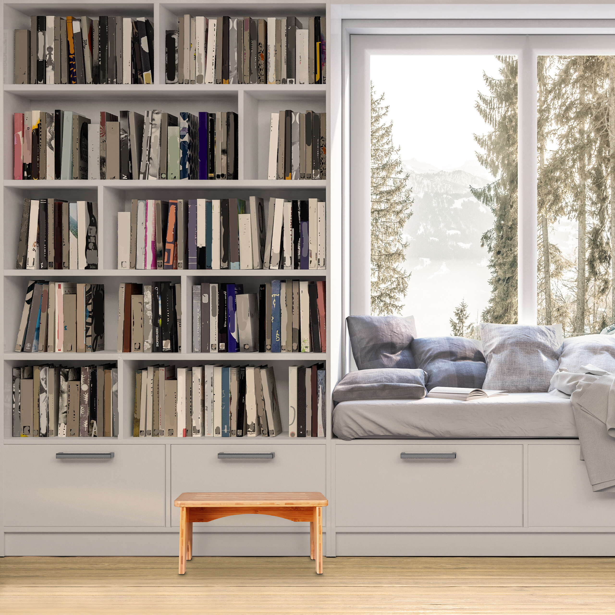 Eine gemütliche Leseecke mit großem Bücherregal, Fensterbank mit Kissen und einem Holzschemel.