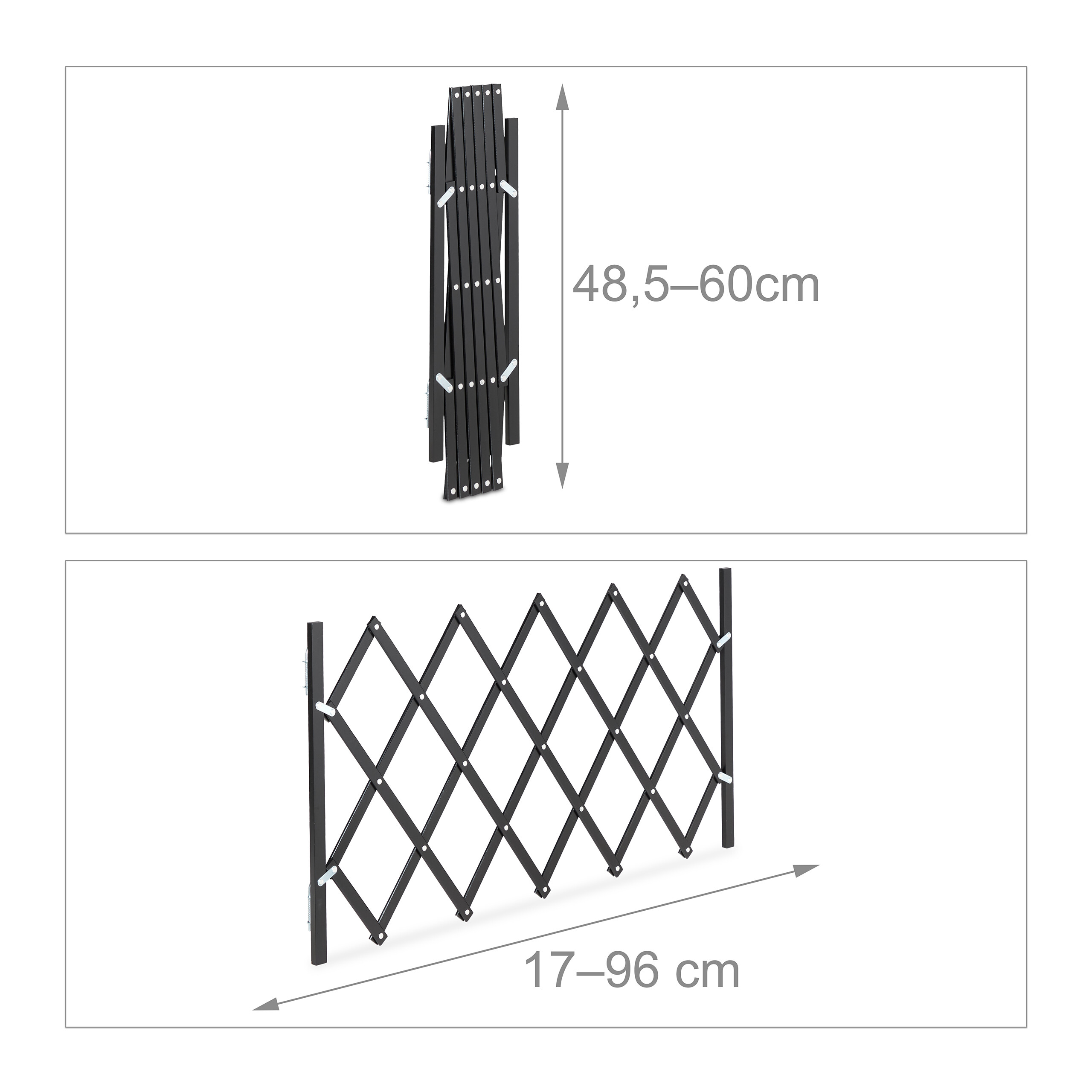 Diagramm zeigt eine schwarze Scherenabsperrung in geschlossener (48,5-60cm Höhe) und geöffneter (17-96cm Breite) Form.