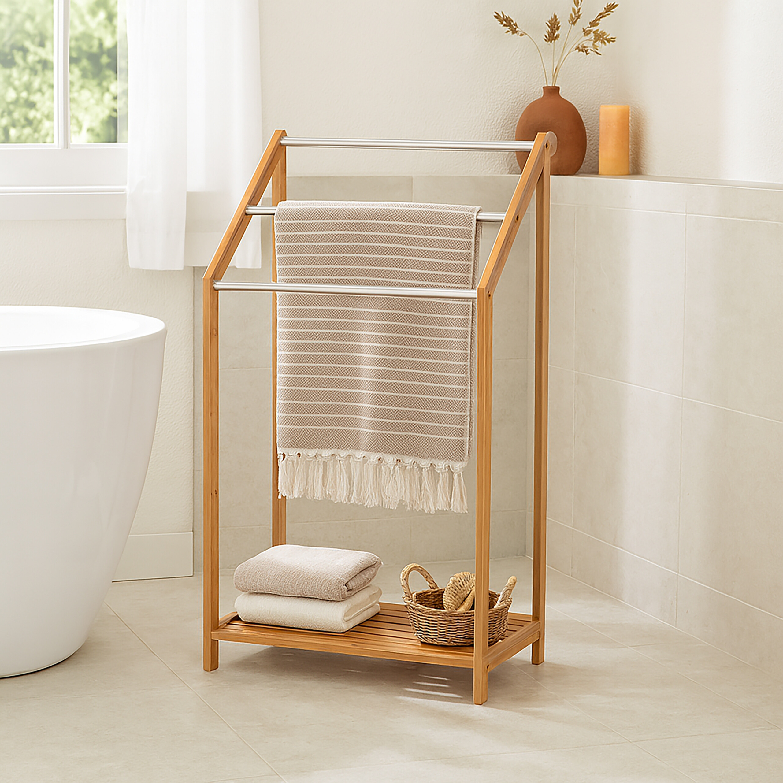 Bambus-Handtuchhalter im Badezimmer mit gestreiftem Handtuch, gefalteten Handtüchern und kleinem Korb.