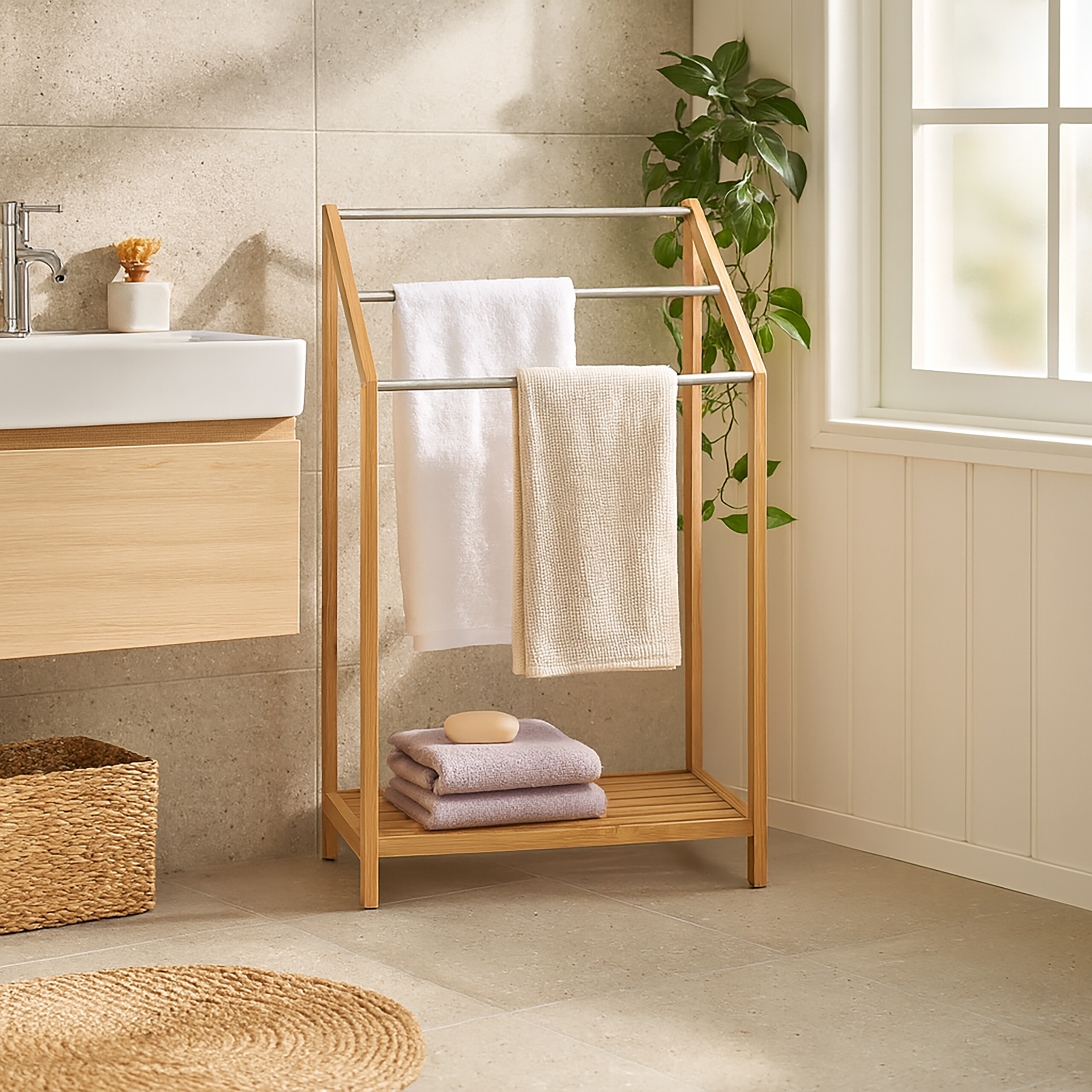 Badezimmer mit Holzhandtuchhalter, weißen und beige Handtüchern, Waschbecken und grünem Pflanzen.