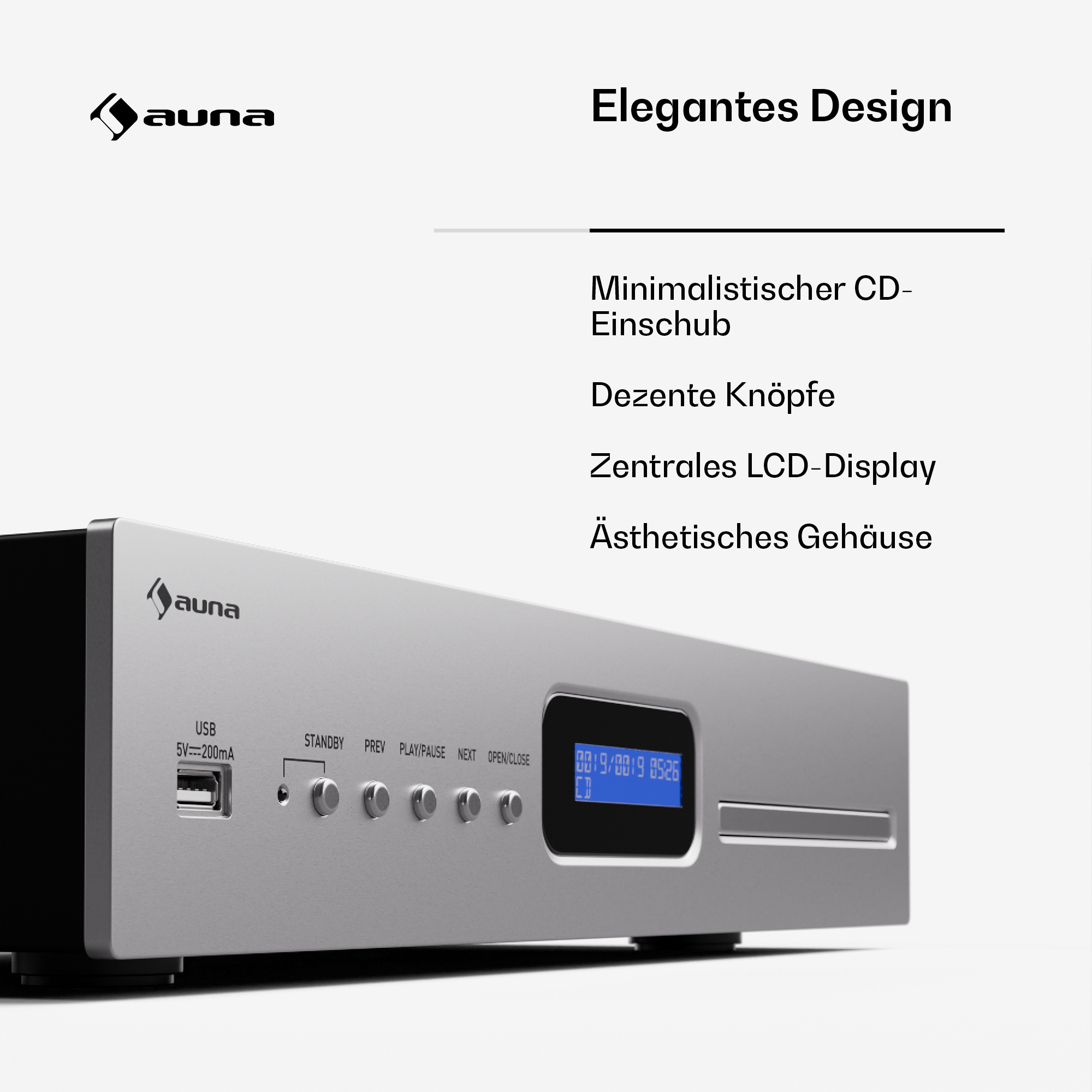 Auna Hi-Fi-Gerät mit silberner Front, Display, Knöpfen und CD-Schlitz. Text über elegantes Design.