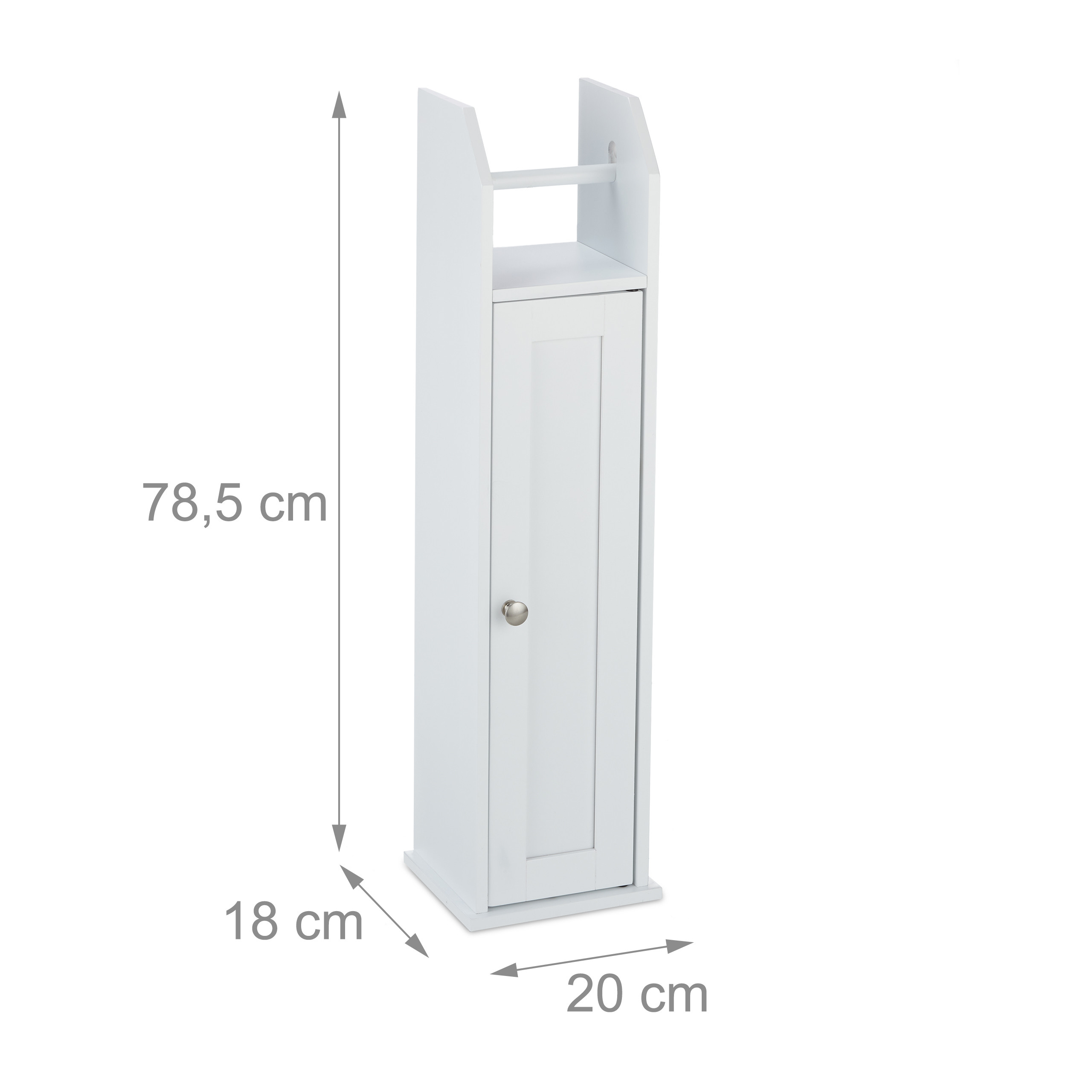 Weißer schmaler Toilettenpapierschrank mit den Maßen: 78,5 cm Höhe, 18 cm Tiefe, 20 cm Breite.