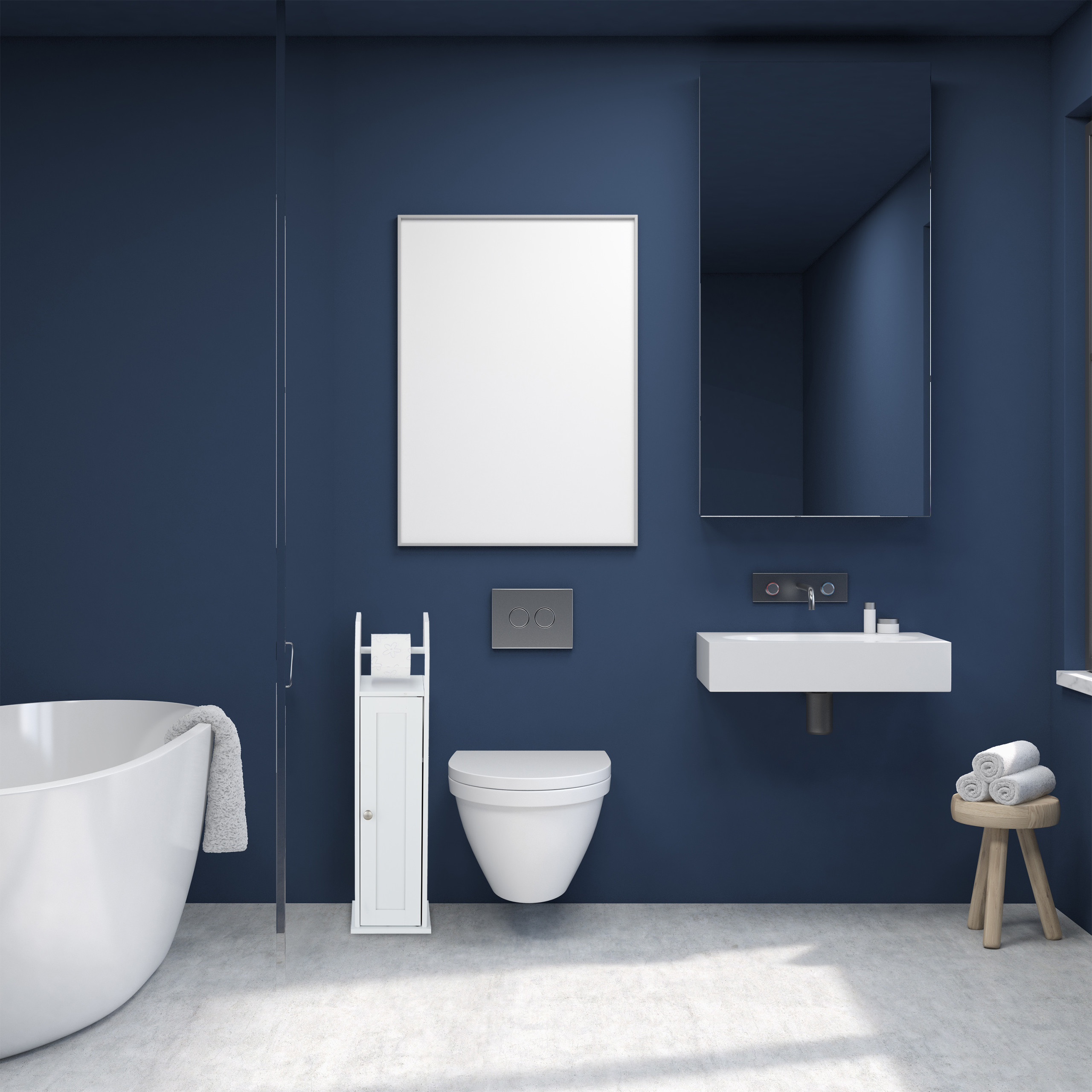 Ein modernes dunkelblaues Badezimmer mit weißer Badewanne, Toilette, Waschbecken, Spiegel und Holzschemel.