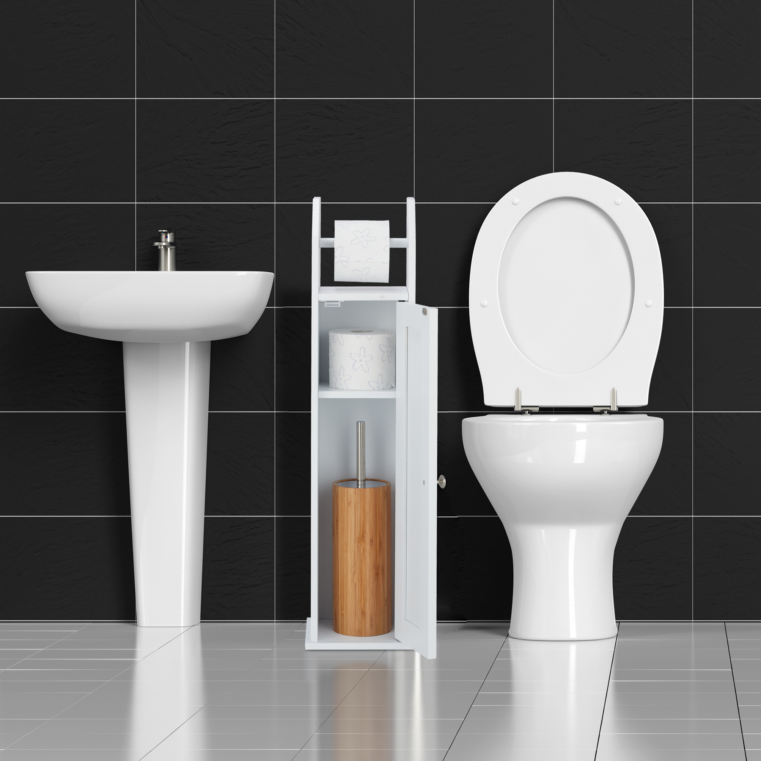 Ein weißes Waschbecken, eine weiße Toilette und ein weißer Schrank mit Toilettenbürste vor schwarzen Fliesen.