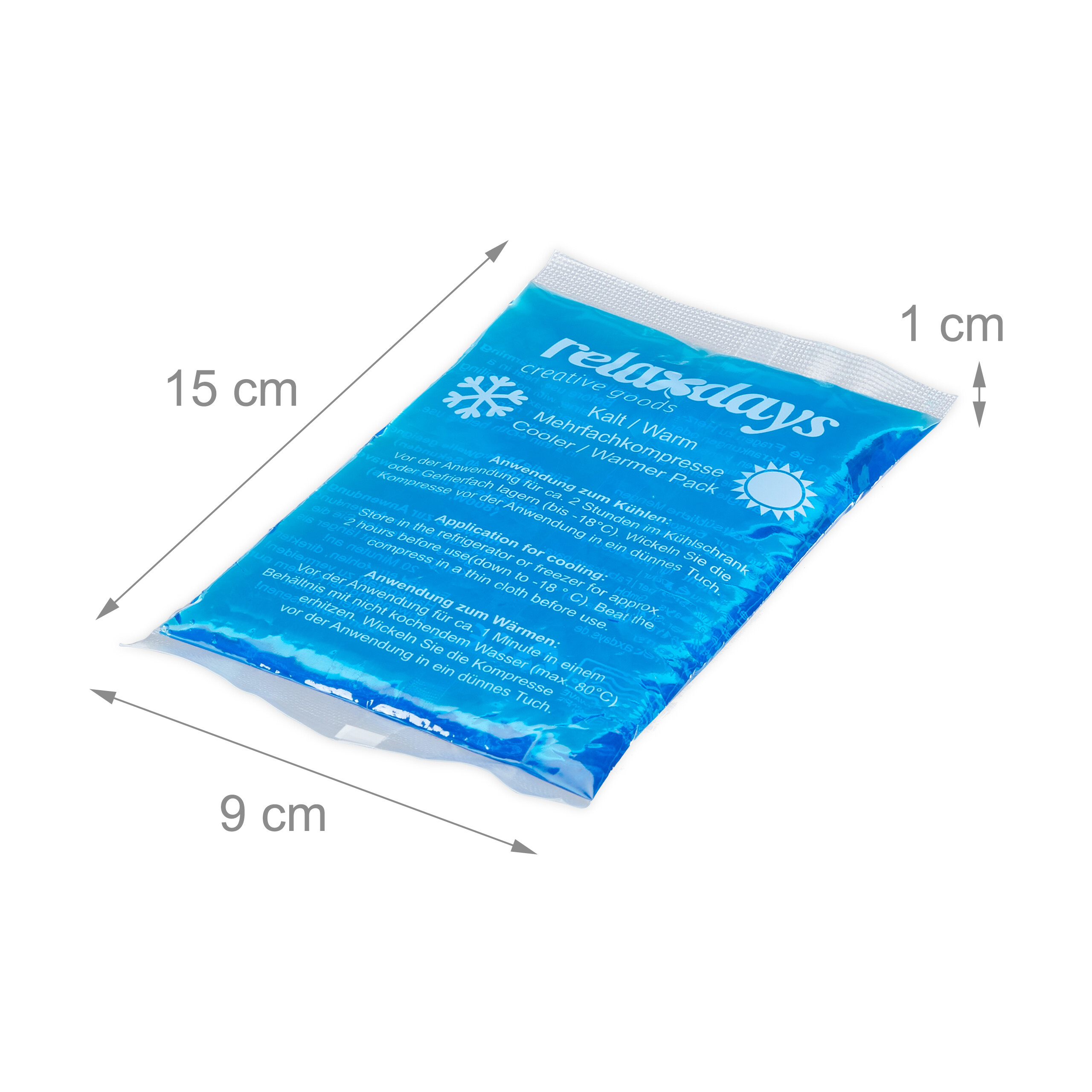 Blaue Mehrfachkompresse mit Maßangaben von 15x9x1 cm auf weißem Hintergrund.