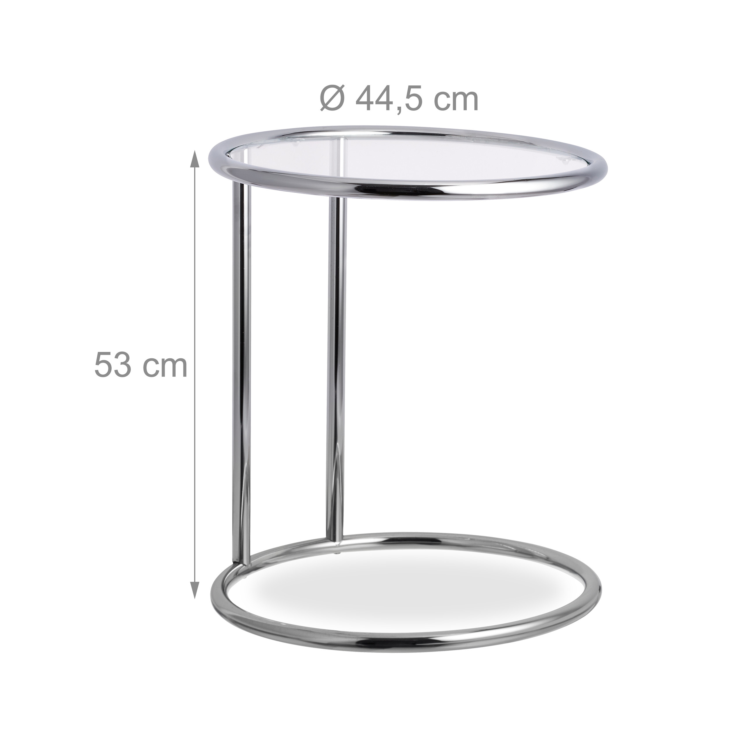 Moderner Beistelltisch mit verchromtem Metallgestell und Glasplatte, 53 cm hoch und 44,5 cm im Durchmesser.