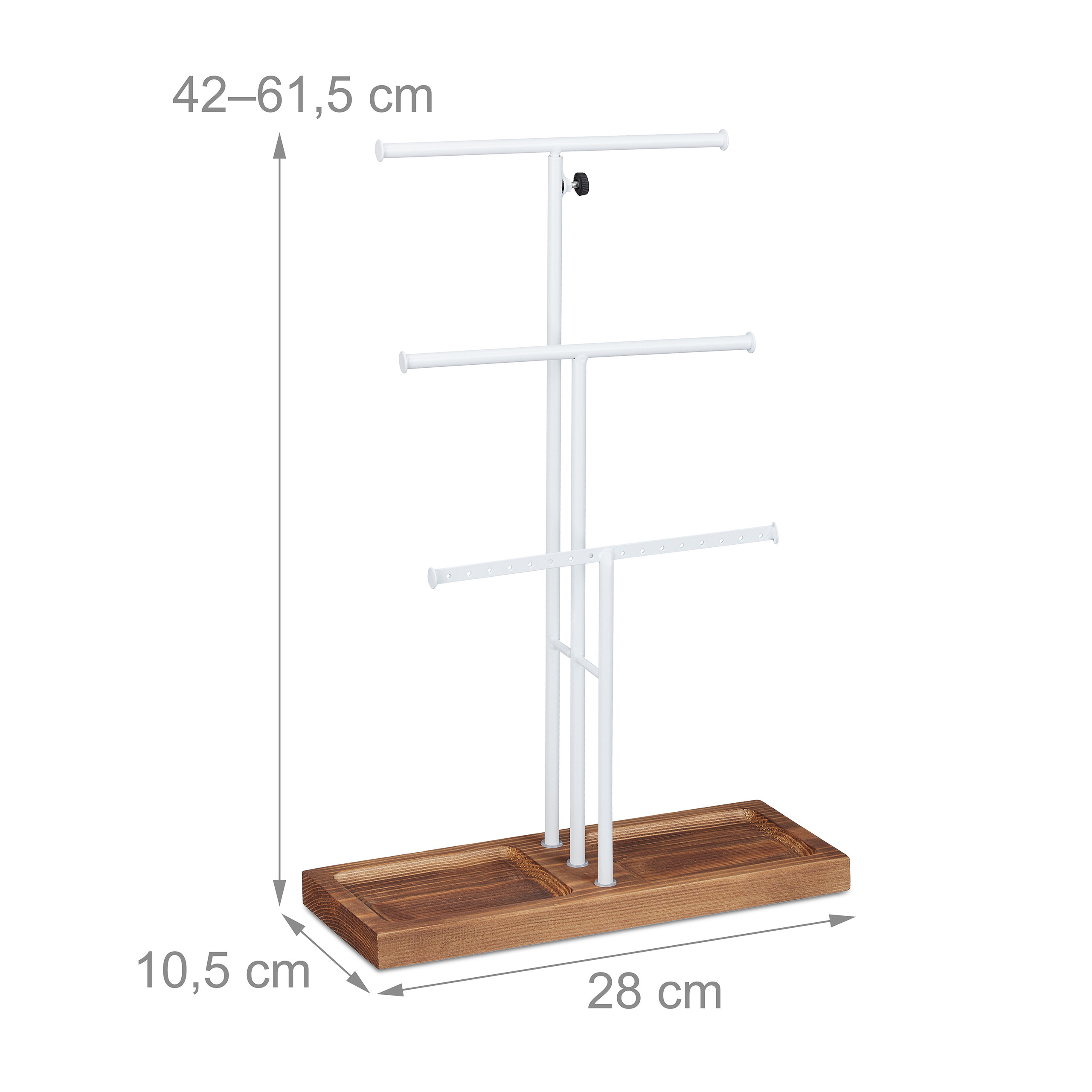 Weißer Schmuckständer aus Metall mit drei Ebenen und Holzsockel, Maße 42-61,5 cm Höhe, 28 cm Breite und 10,5 cm Tiefe.