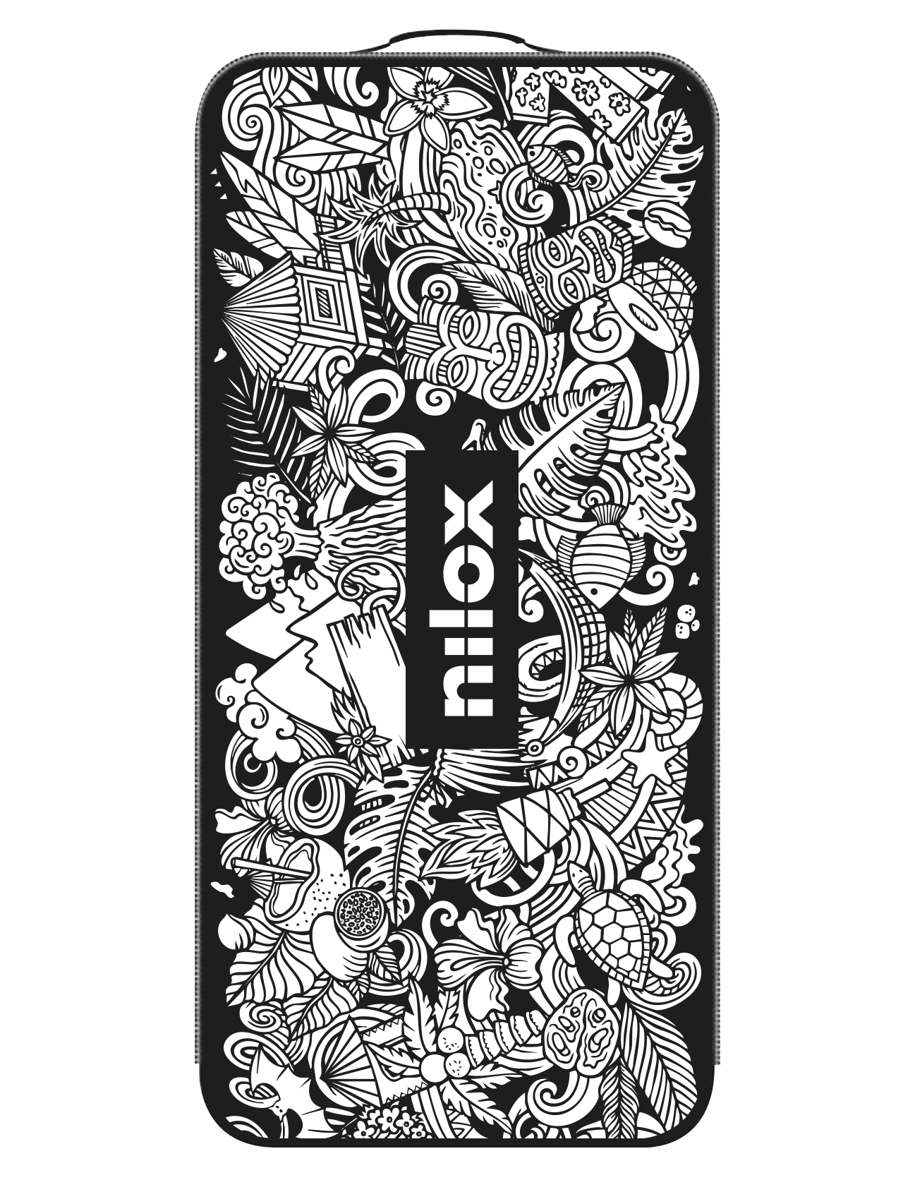 Schwarzes und weißes Doodle-Muster mit Tiki-Masken, tropischen Blättern und dem Nilox-Logo in der Mitte.