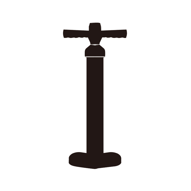 Eine schwarze Standpumpe mit T-förmigem Griff und flachem Sockel auf weißem Hintergrund.