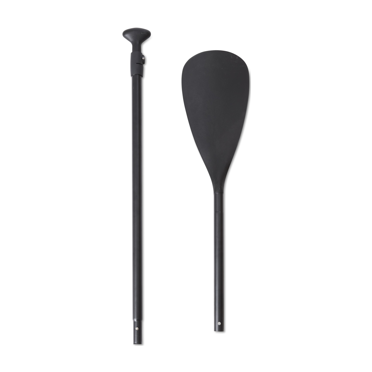 Ein schwarzes Stand-up-Paddleboard-Paddel, in zwei Teile zerlegt, vor weißem Hintergrund.