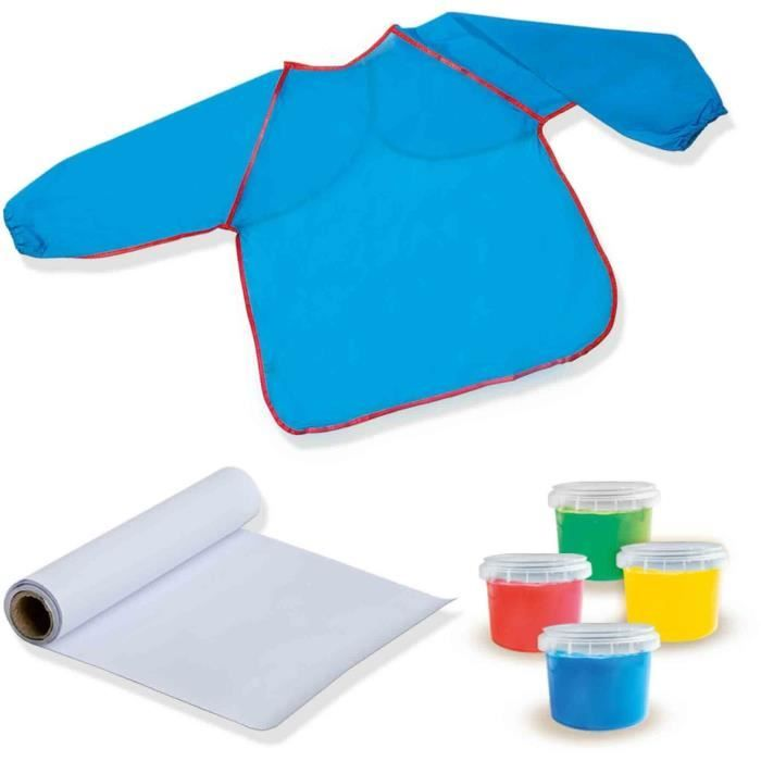 Ein blauer Kindermalkittel, eine Rolle weißes Papier und vier Farbtöpfe in Grün, Rot, Gelb und Blau.