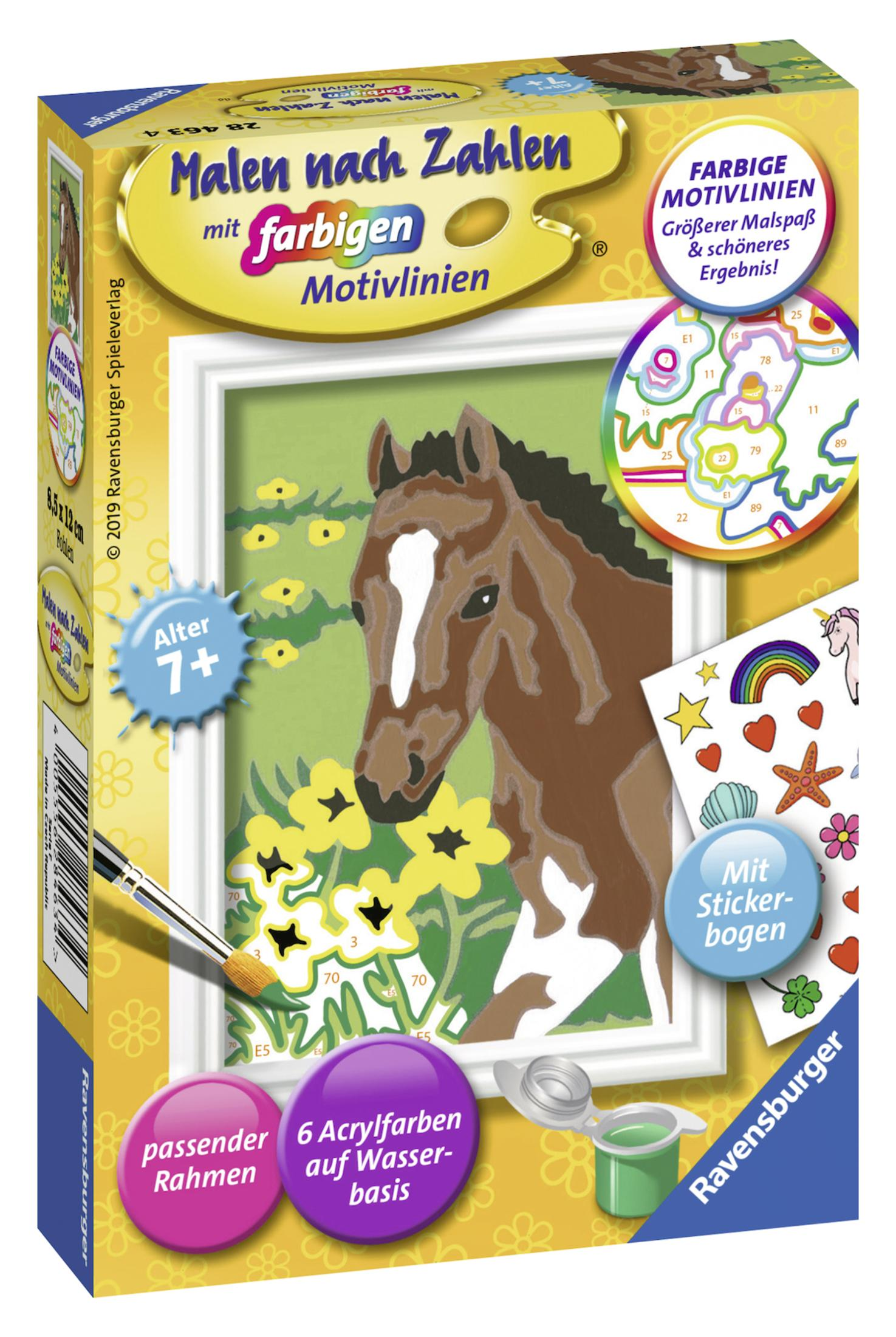 Eine Ravensburger Malen-nach-Zahlen-Schachtel zeigt ein braunes Pferd mit gelben Blumen, einen Pinsel und Sticker.