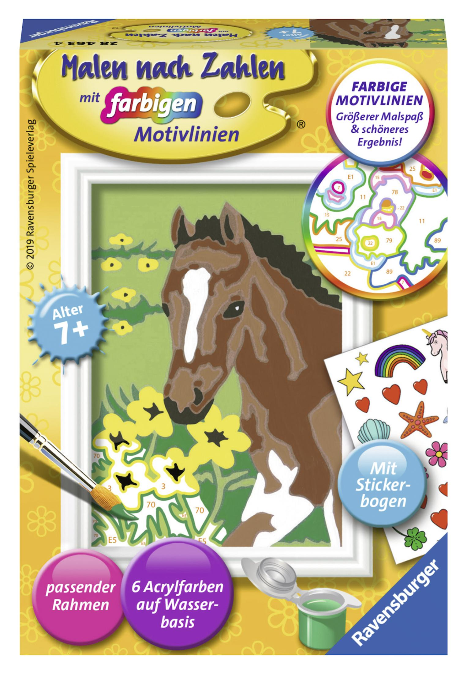 Ravensburger Malen nach Zahlen Set mit einem braunen Pferd, Farben, Pinsel und Stickern.