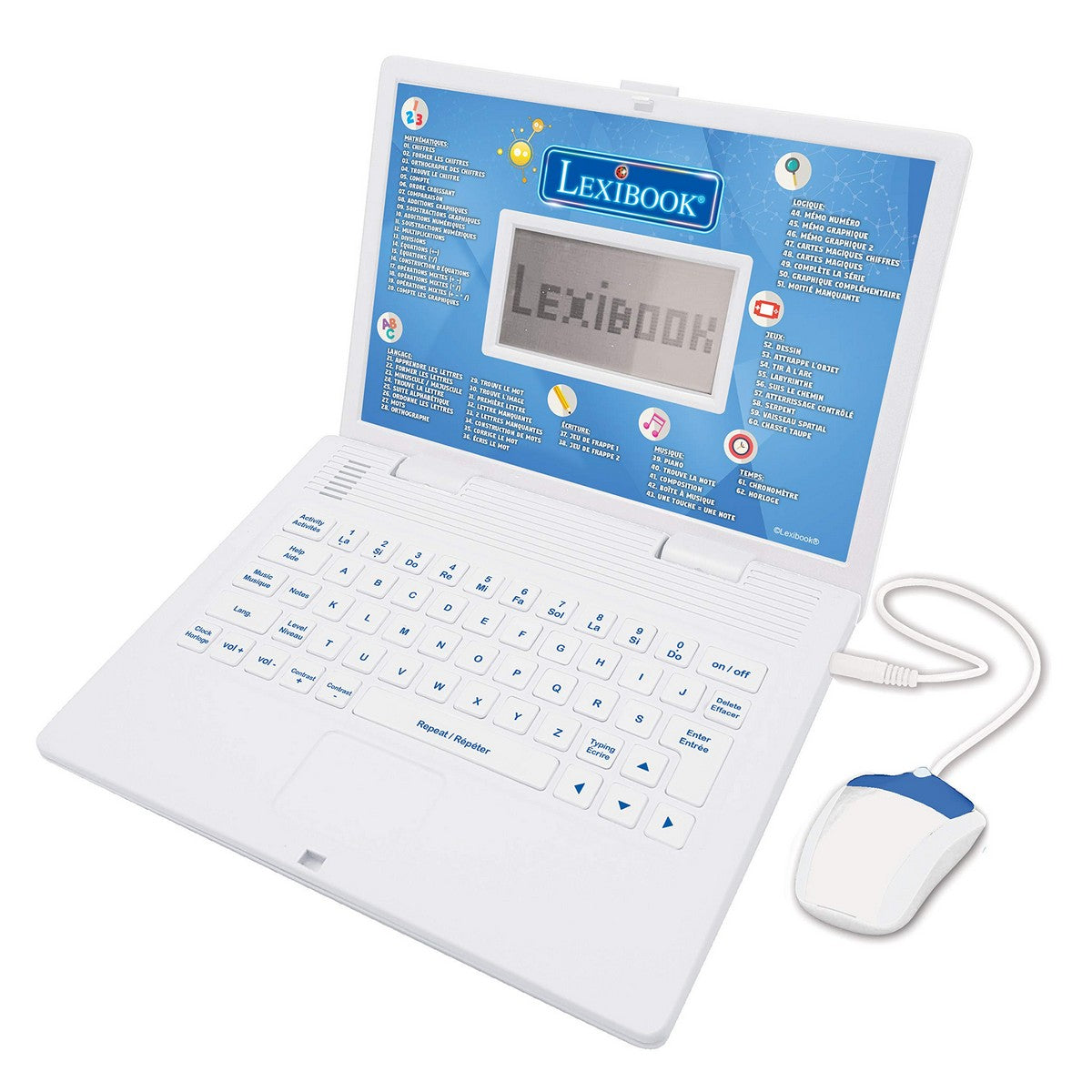 Ein weißer Lexibook Lernlaptop mit angeschlossener weiß-blauer Maus auf weißem Hintergrund.
