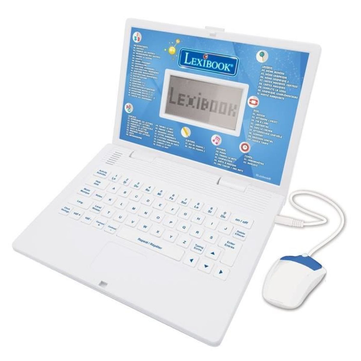 Ein weißer Lexibook Lerncomputer mit blauem Bildschirmrand und passender weiß-blauer Maus.
