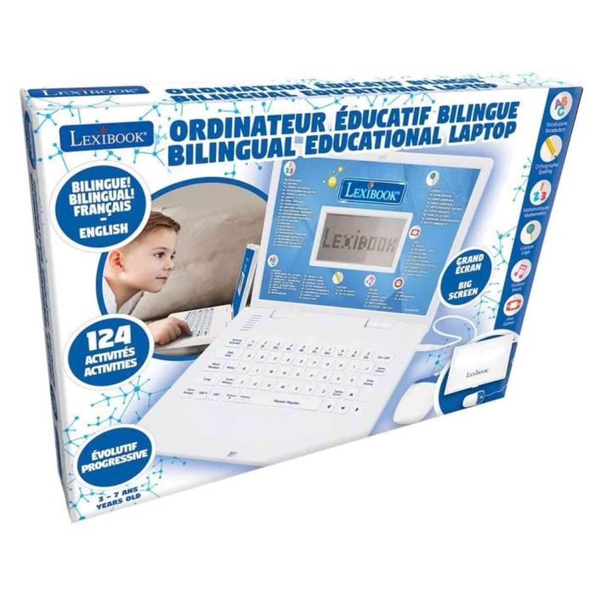 Verpackung eines blauen und weißen Lexibook Lerncomputers mit Kind und Maus.