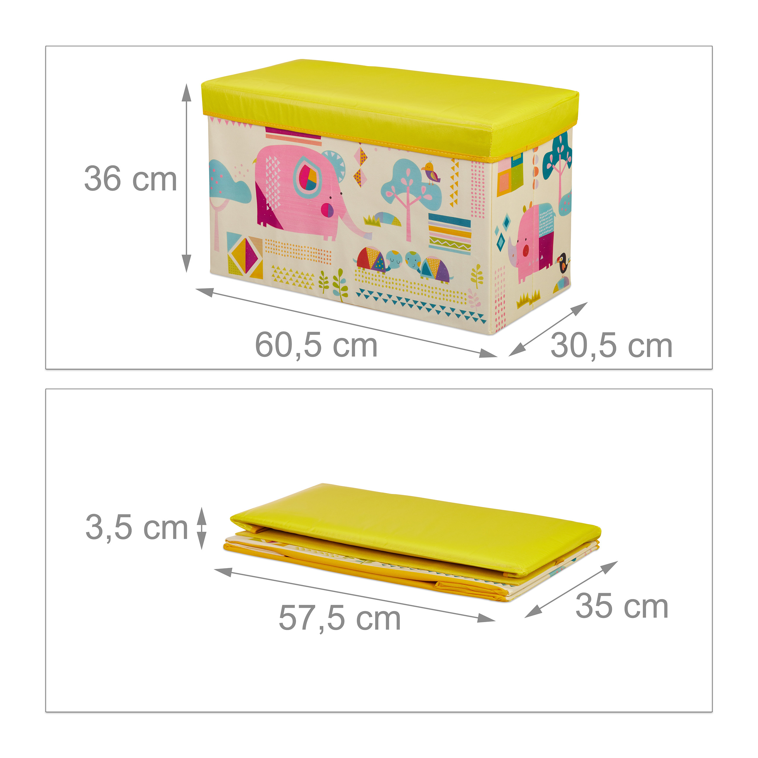 Aufbewahrungsbox mit Tiermotiven und Abmessungen: 60,5x30,5x36 cm im aufgebauten und flach zusammengeklappten Zustand.