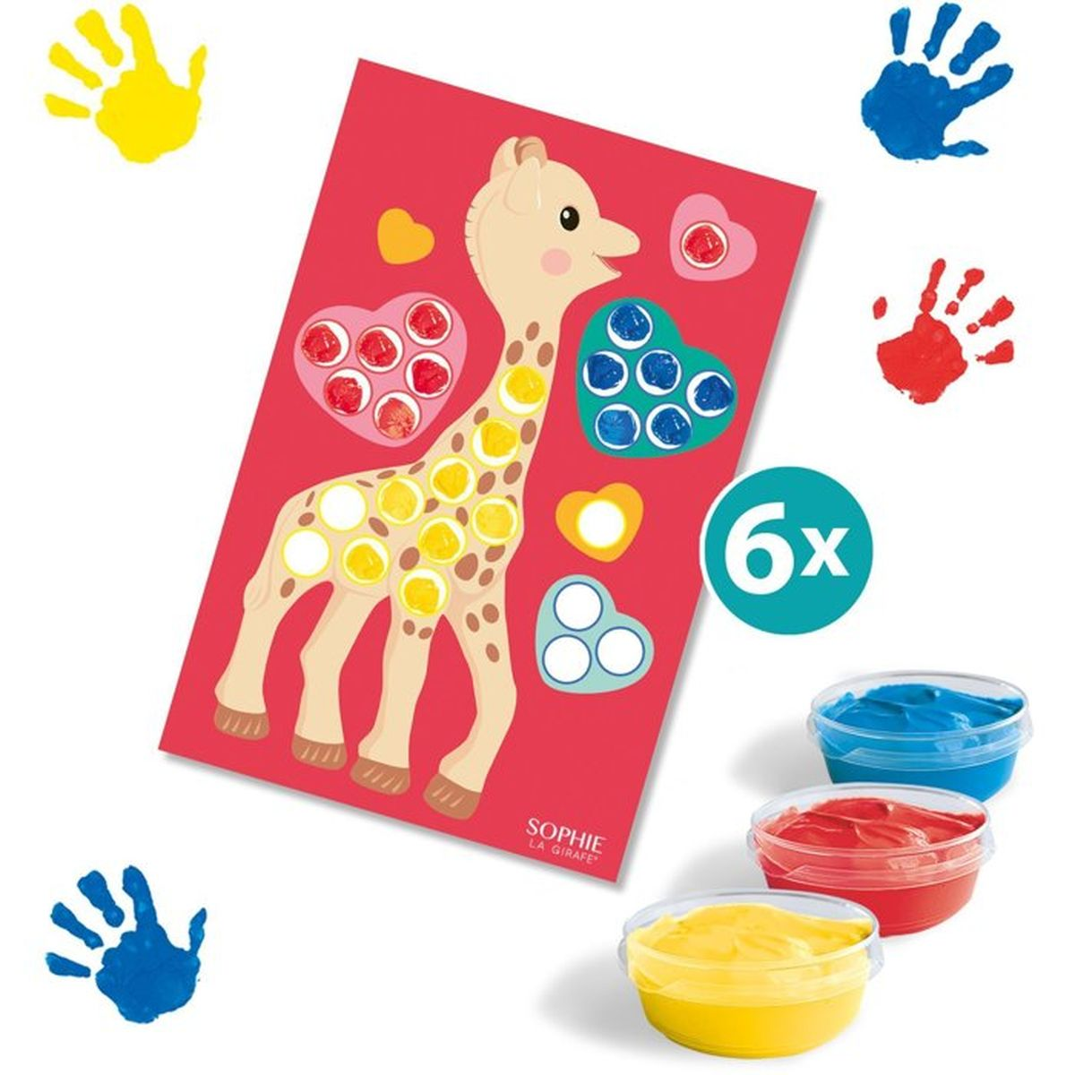 Ein Set zum Fingerbemalen mit Giraffenmotiv, drei Farbtöpfen und bunten Handabdrücken.