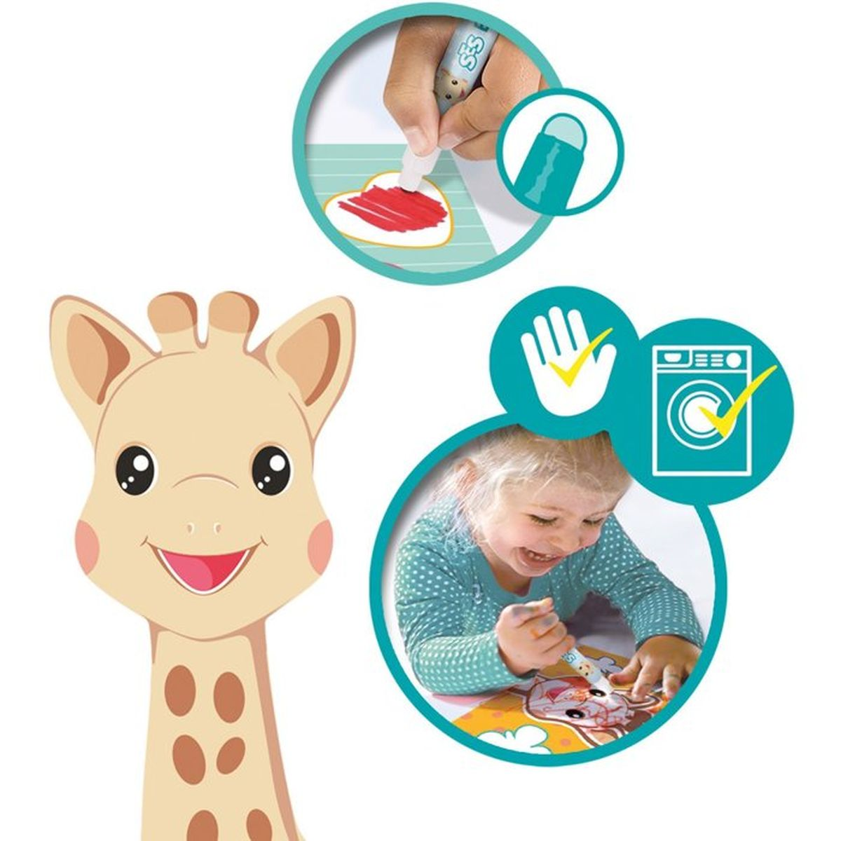 Eine Giraffe, ein Kind das malt und Symbole für Handwäsche und Waschmaschine.