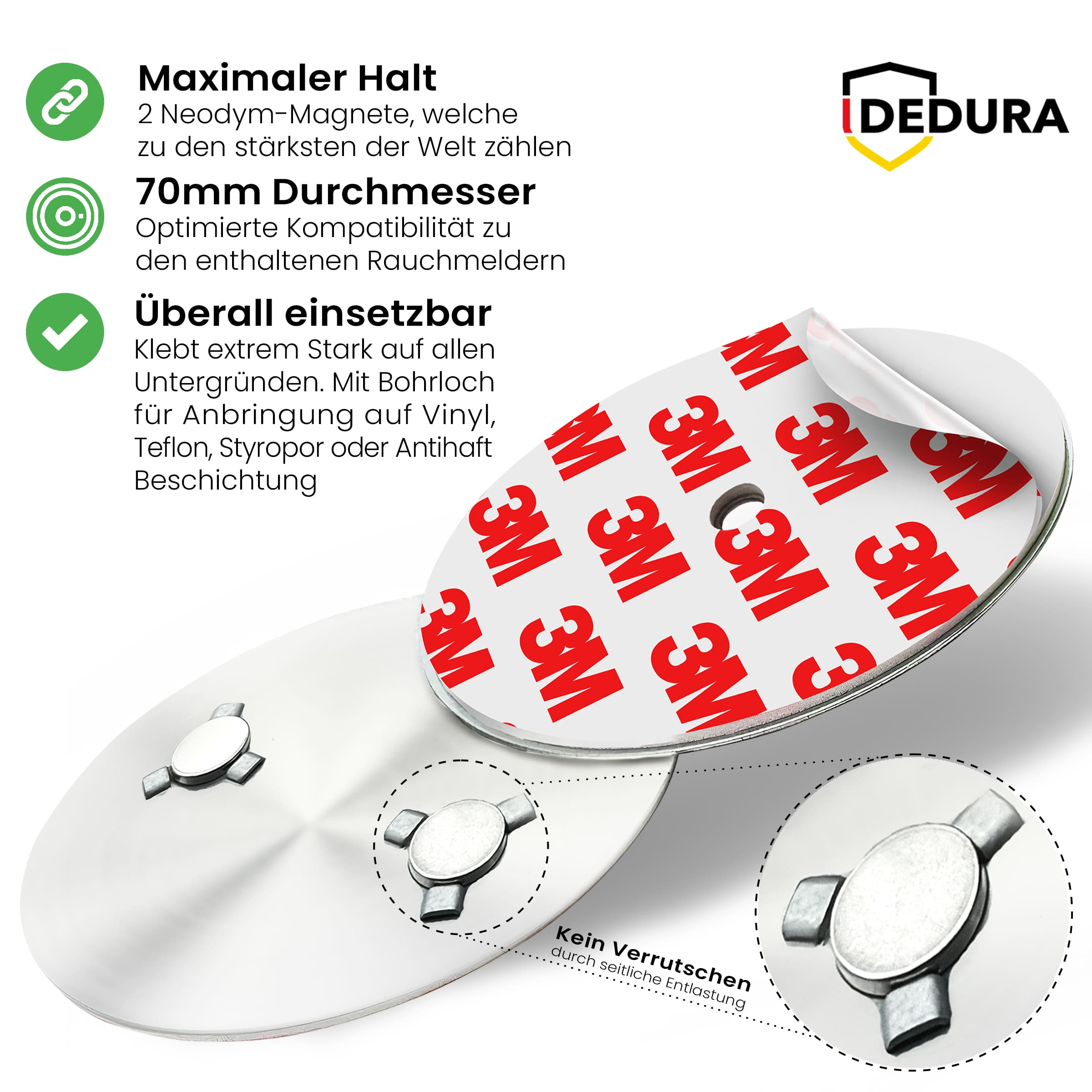 Produktwerbung für magnetische Rauchmelder-Befestigung mit 3M-Kleber und Texten auf Deutsch.