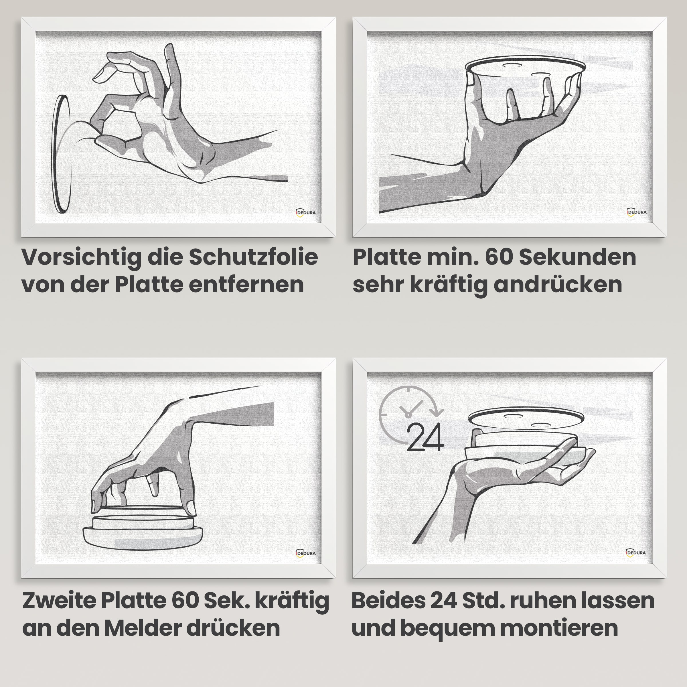 Vier schrittweise Anleitungsbilder für die Montage eines Rauchmelders mit Schutzfolie und Klebeplatte.