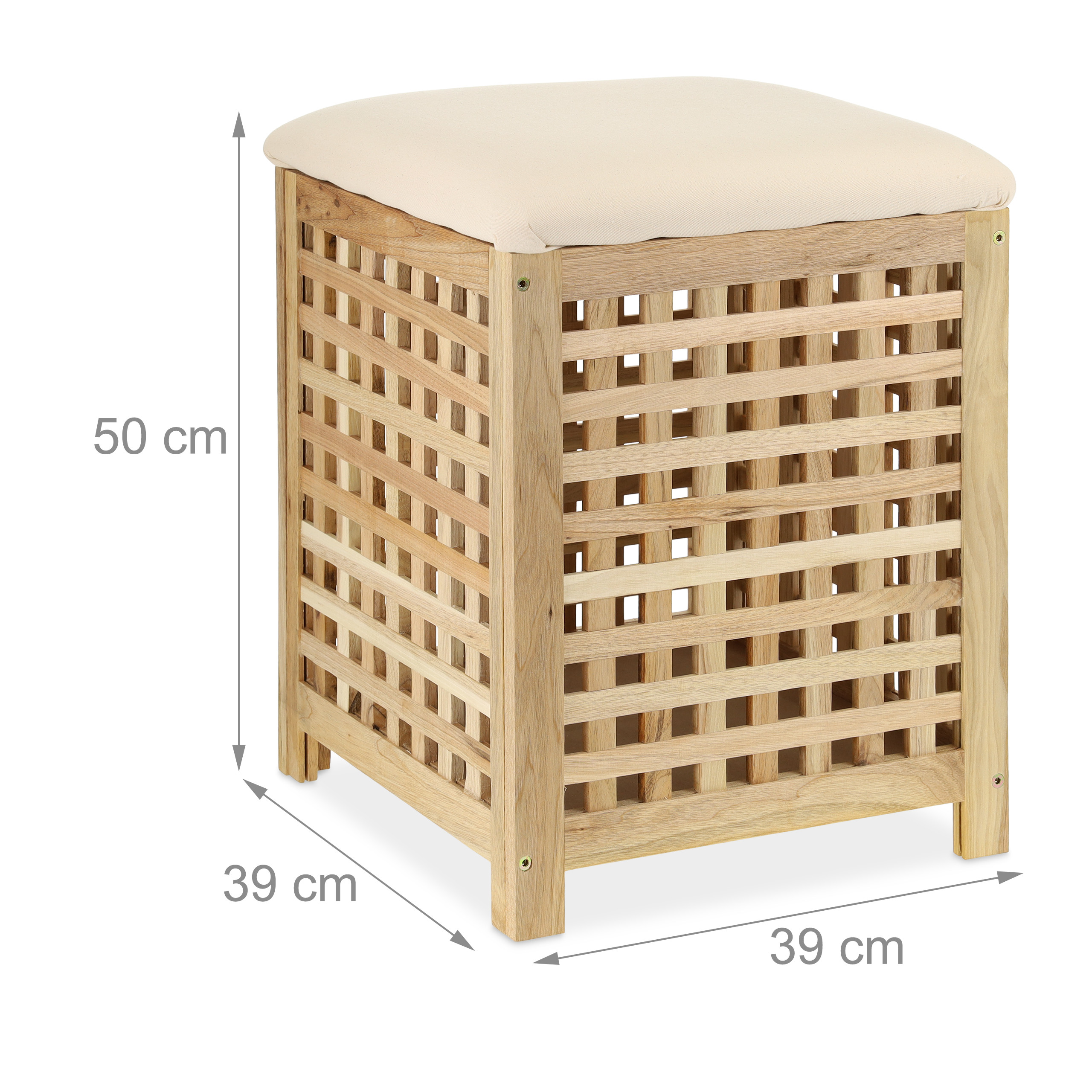 Hocker aus Holz mit Gitterdesign und beigem Kissen, Maße 50 cm Höhe, 39 cm Breite und 39 cm Tiefe.