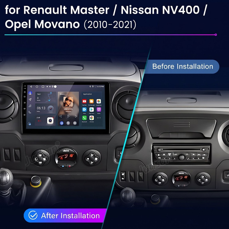 Autobrettvergleich für Renault Master, Nissan NV400 und Opel Movano vor und nach dem Navigationsbildschirm-Upgrade.