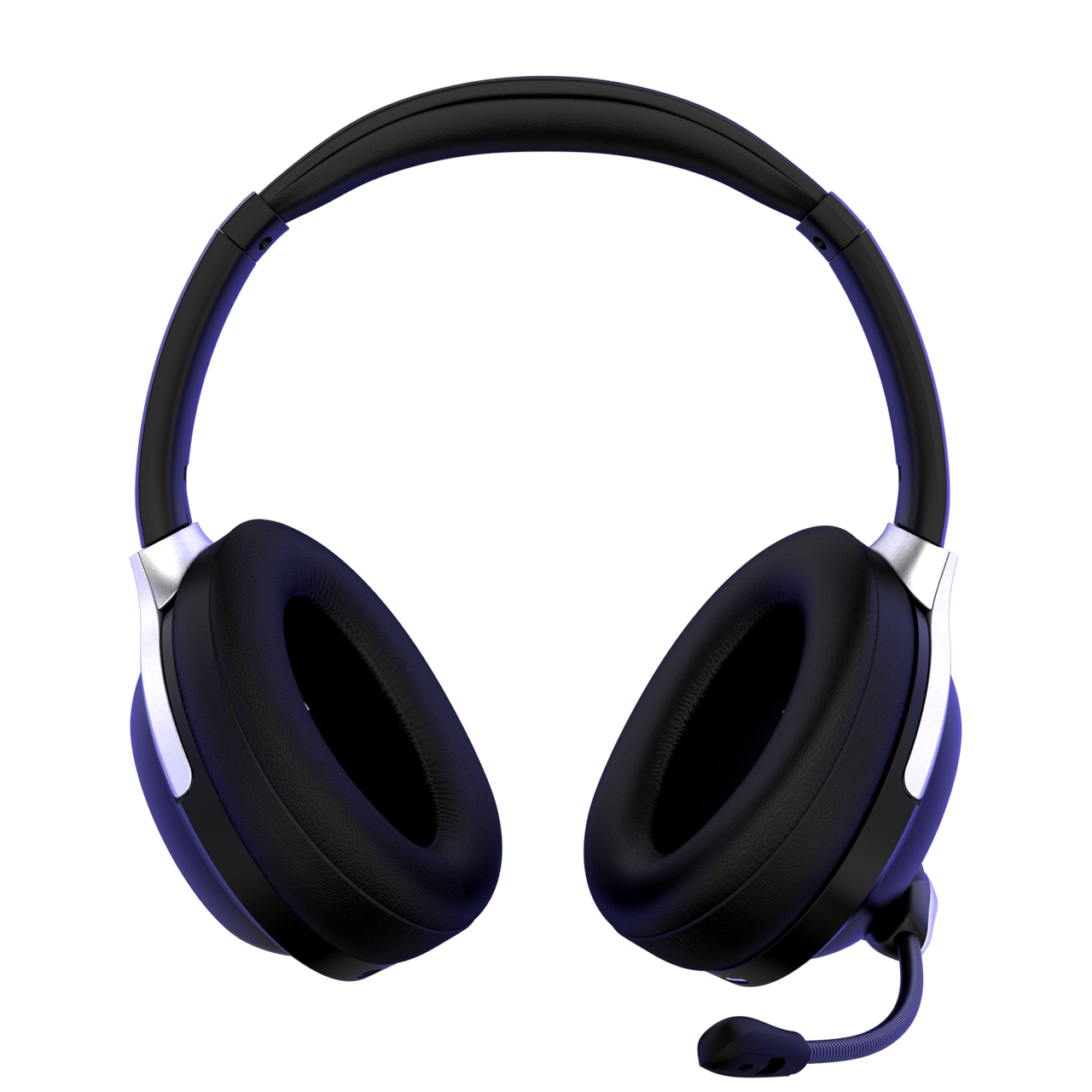 A pair of black over-ear headphones with silver accents and an attached microphone, isolated on a white background.