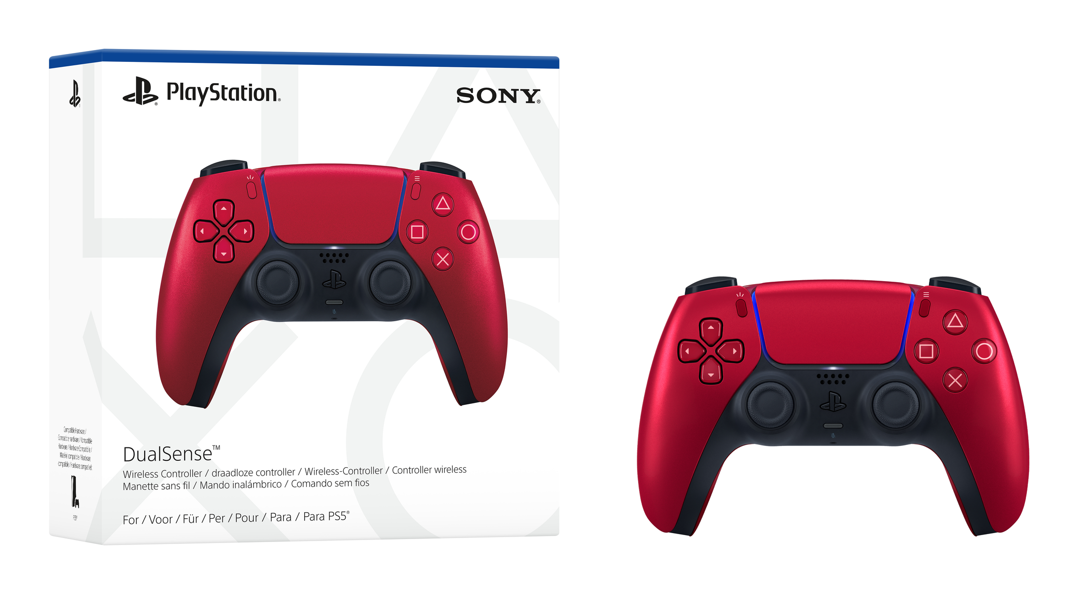 Red PlayStation 5 DualSense wireless controller next to its product box.