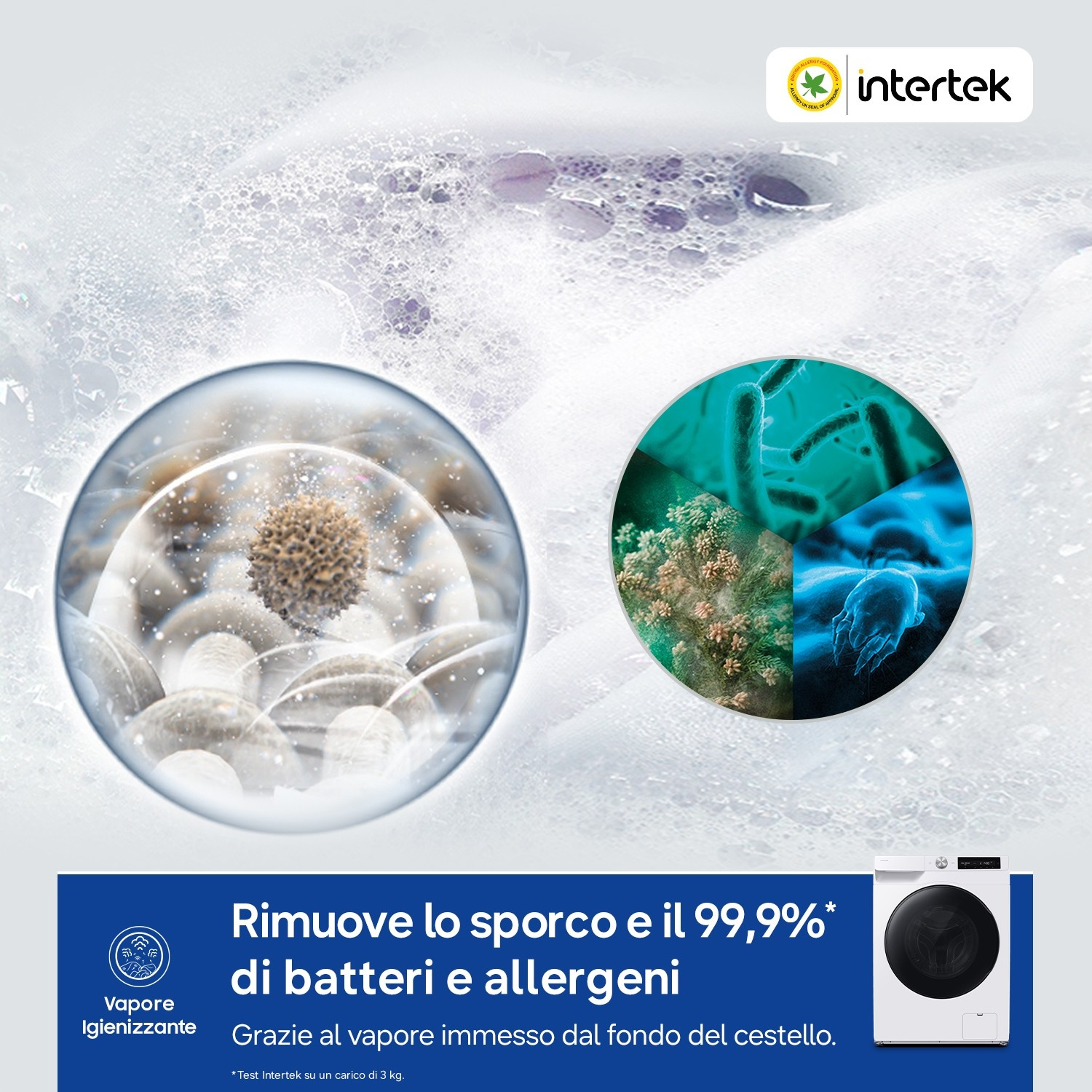Ciclo a vapore della lavatrice che rimuove batteri e allergeni, illustrato microscopicamente.